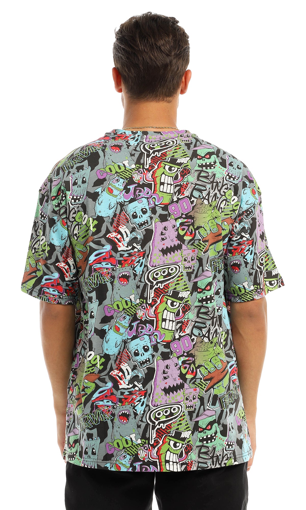 All-Over 90s Doodle Print Oversized T-Shirt - 97156