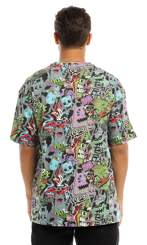 97156 Multi-Patterned Loose Round Multicolour T-Shirt