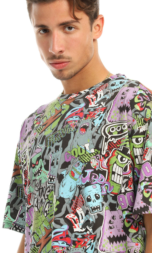 97156 Multi-Patterned Loose Round Multicolour T-Shirt