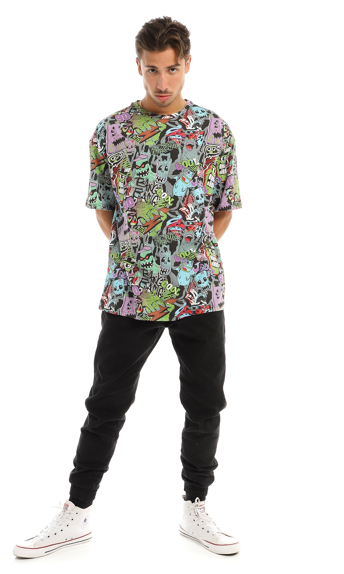 All-Over 90s Doodle Print Oversized T-Shirt - 97156