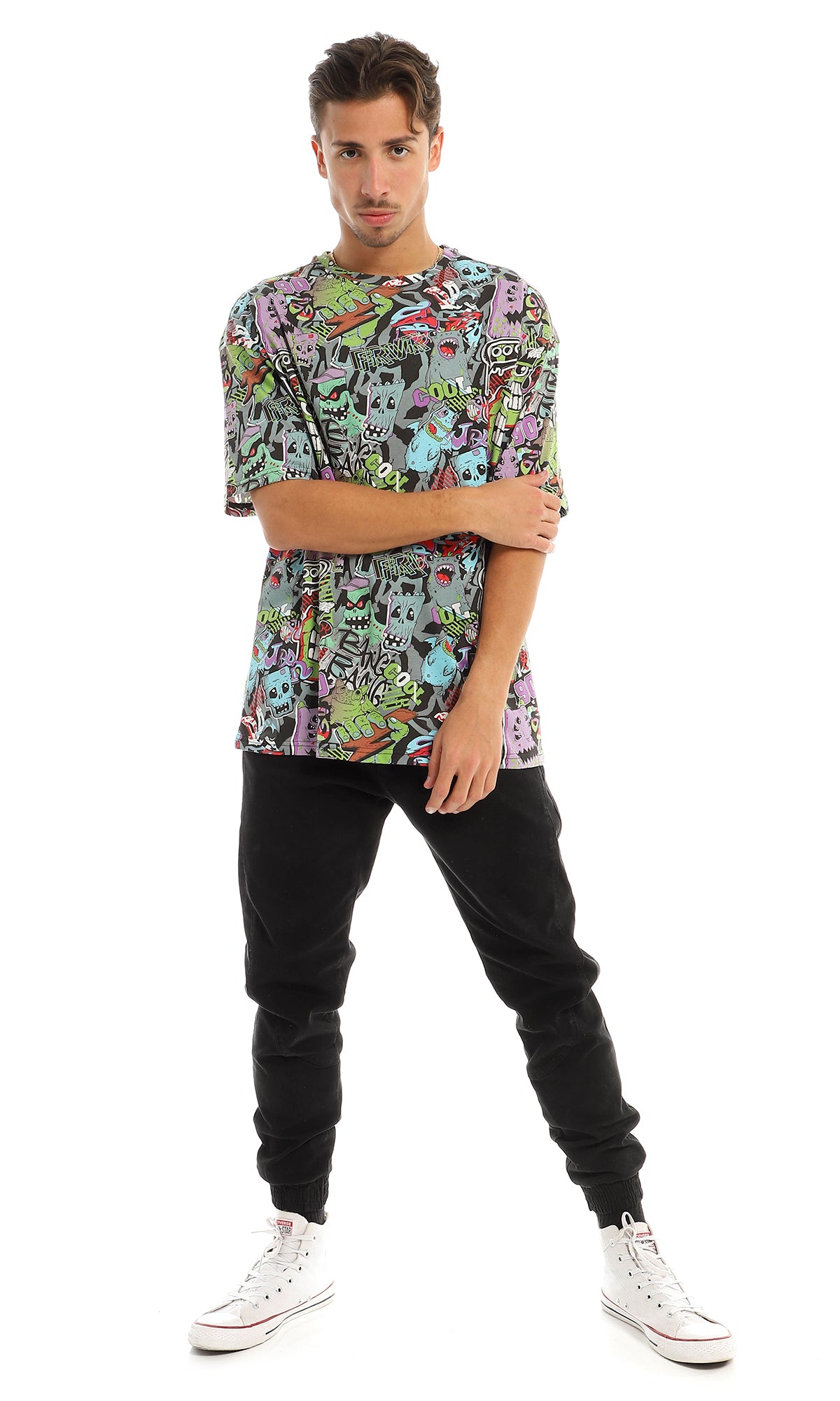 All-Over 90s Doodle Print Oversized T-Shirt - 97156