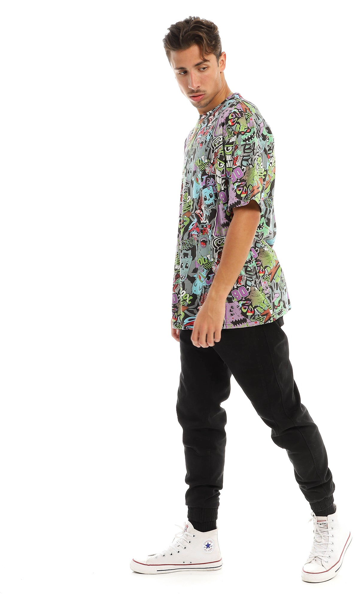 All-Over 90s Doodle Print Oversized T-Shirt - 97156