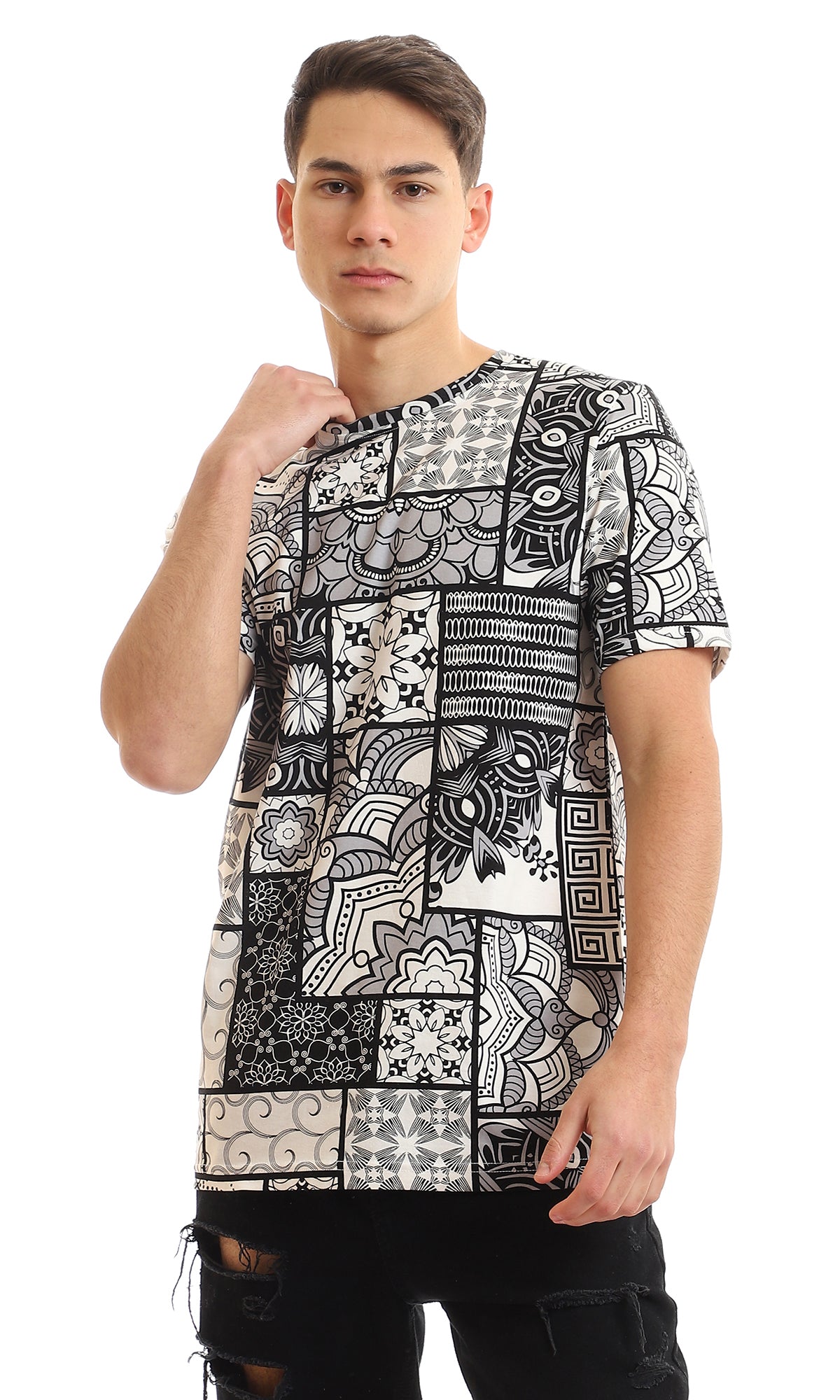 97167 Short Sleeves Patterned Round Collar T-Shirt - Black & White