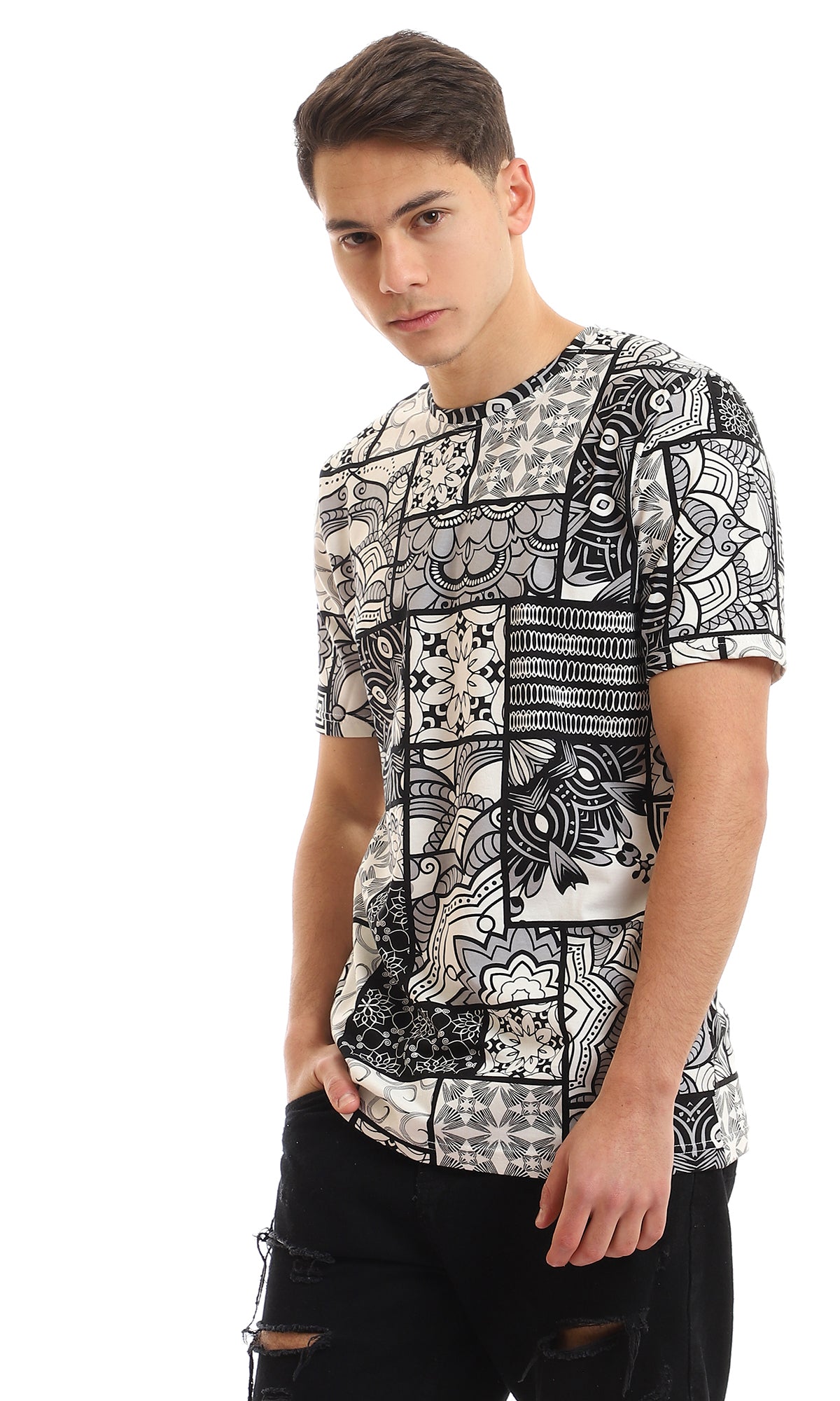 97167 Short Sleeves Patterned Round Collar T-Shirt - Black & White