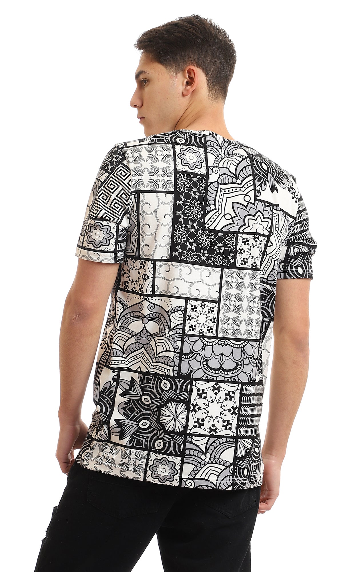 97167 Short Sleeves Patterned Round Collar T-Shirt - Black & White