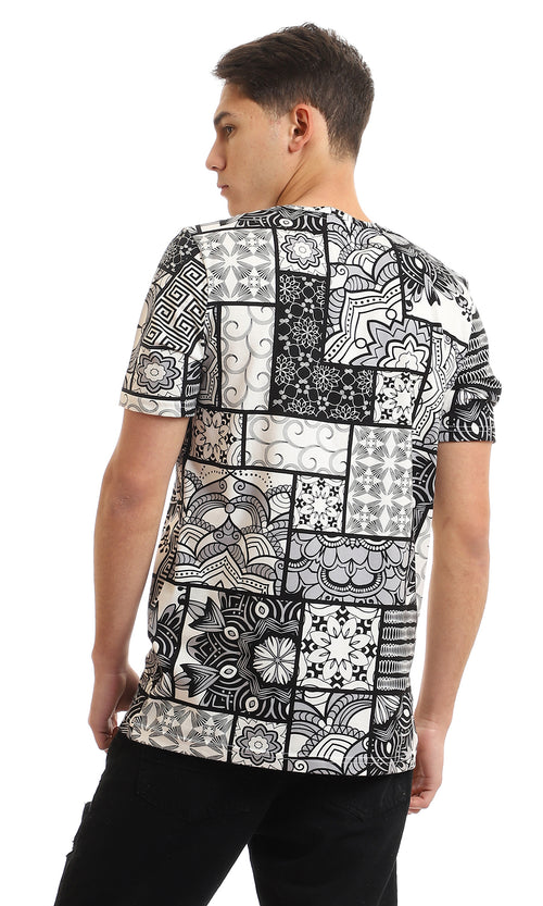 97167 Short Sleeves Patterned Round Collar T-Shirt - Black & White