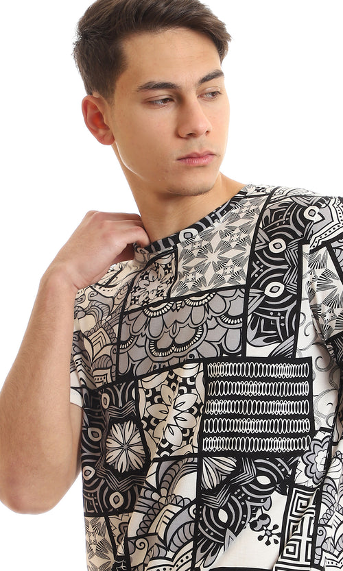 97167 Short Sleeves Patterned Round Collar T-Shirt - Black & White