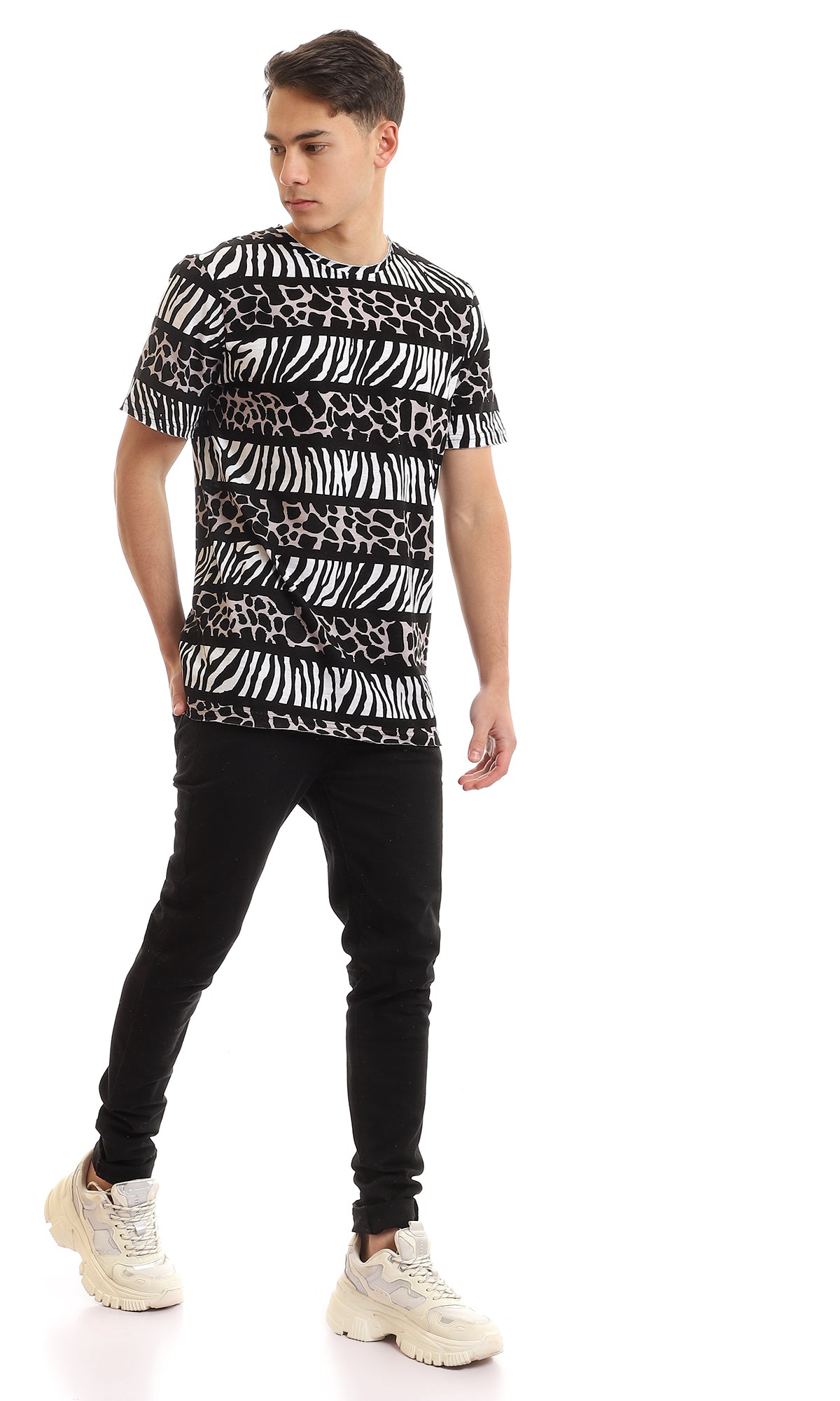 97174 Patterned Cotton Slip On T-Shirt - Black & White