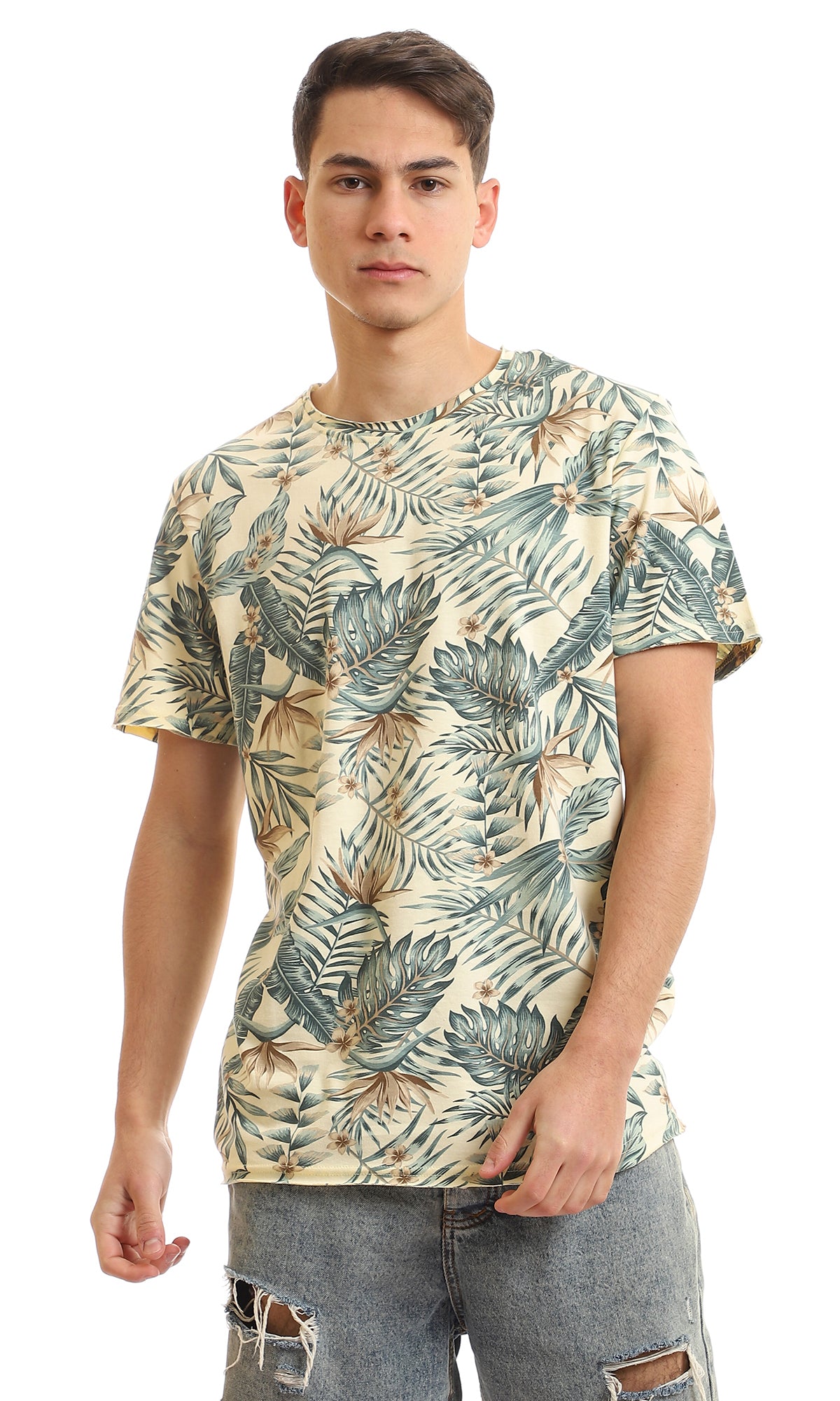 97175 Self Printed Short Sleeves T-Shirt - Beige & Olive