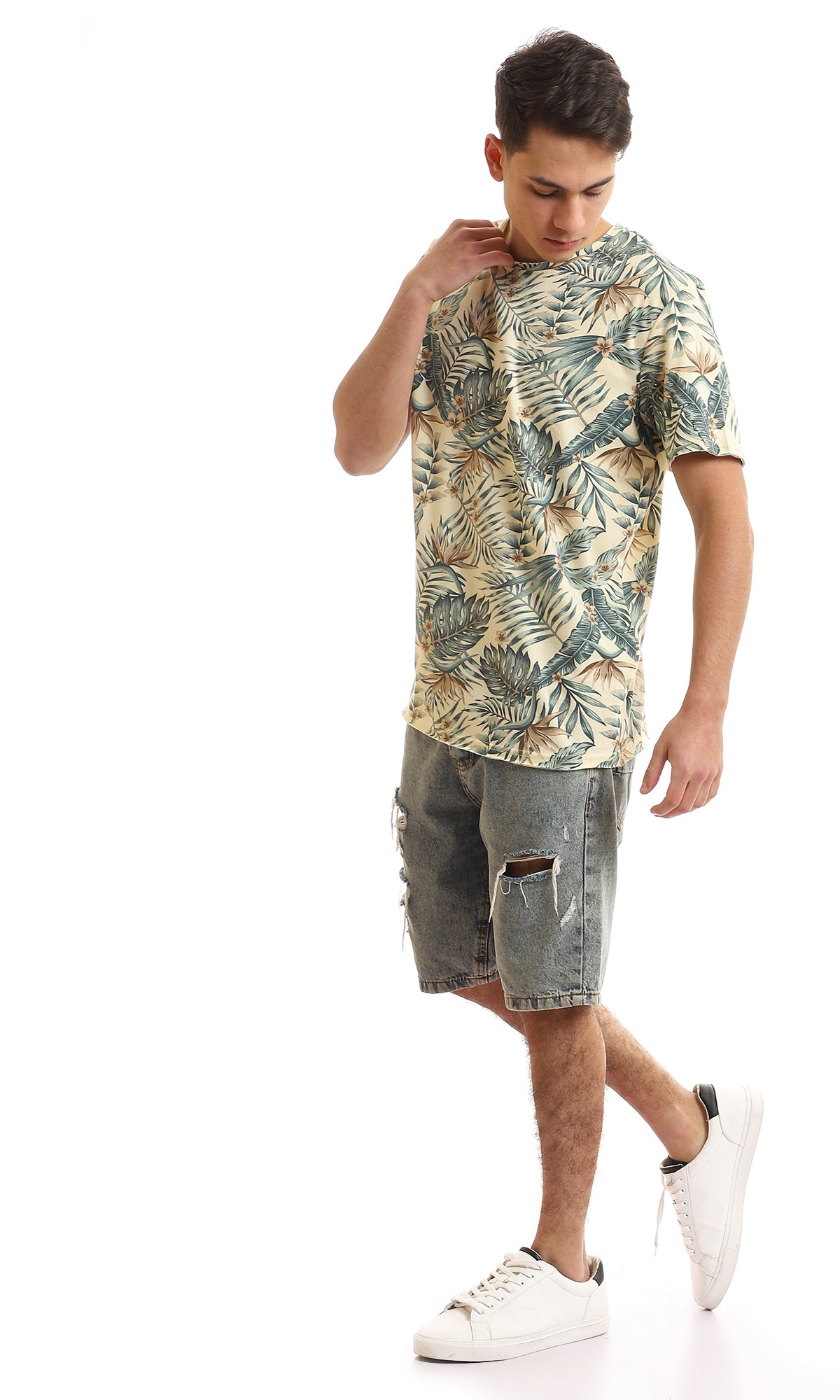 97175 Self Printed Short Sleeves T-Shirt - Beige & Olive