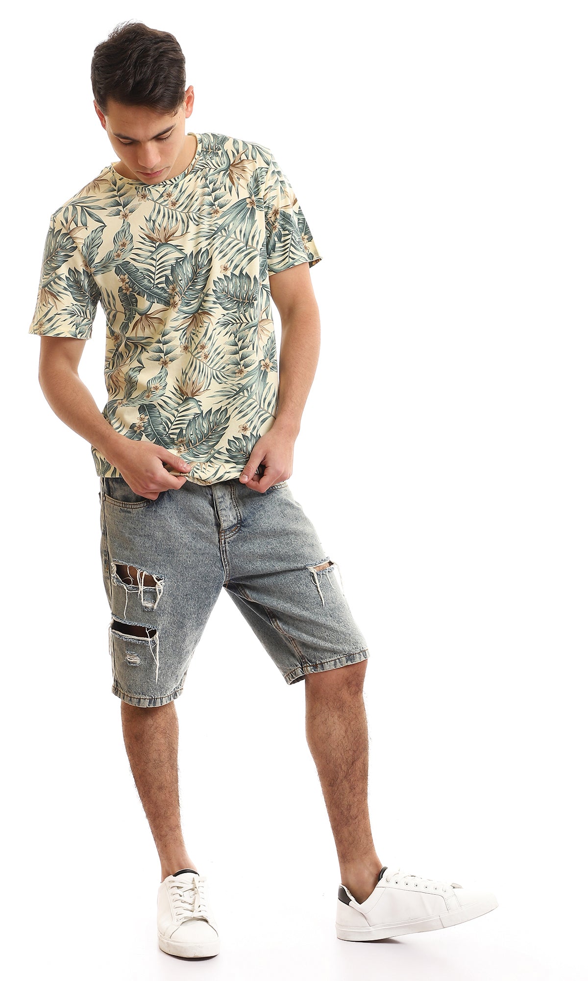 97175 Self Printed Short Sleeves T-Shirt - Beige & Olive