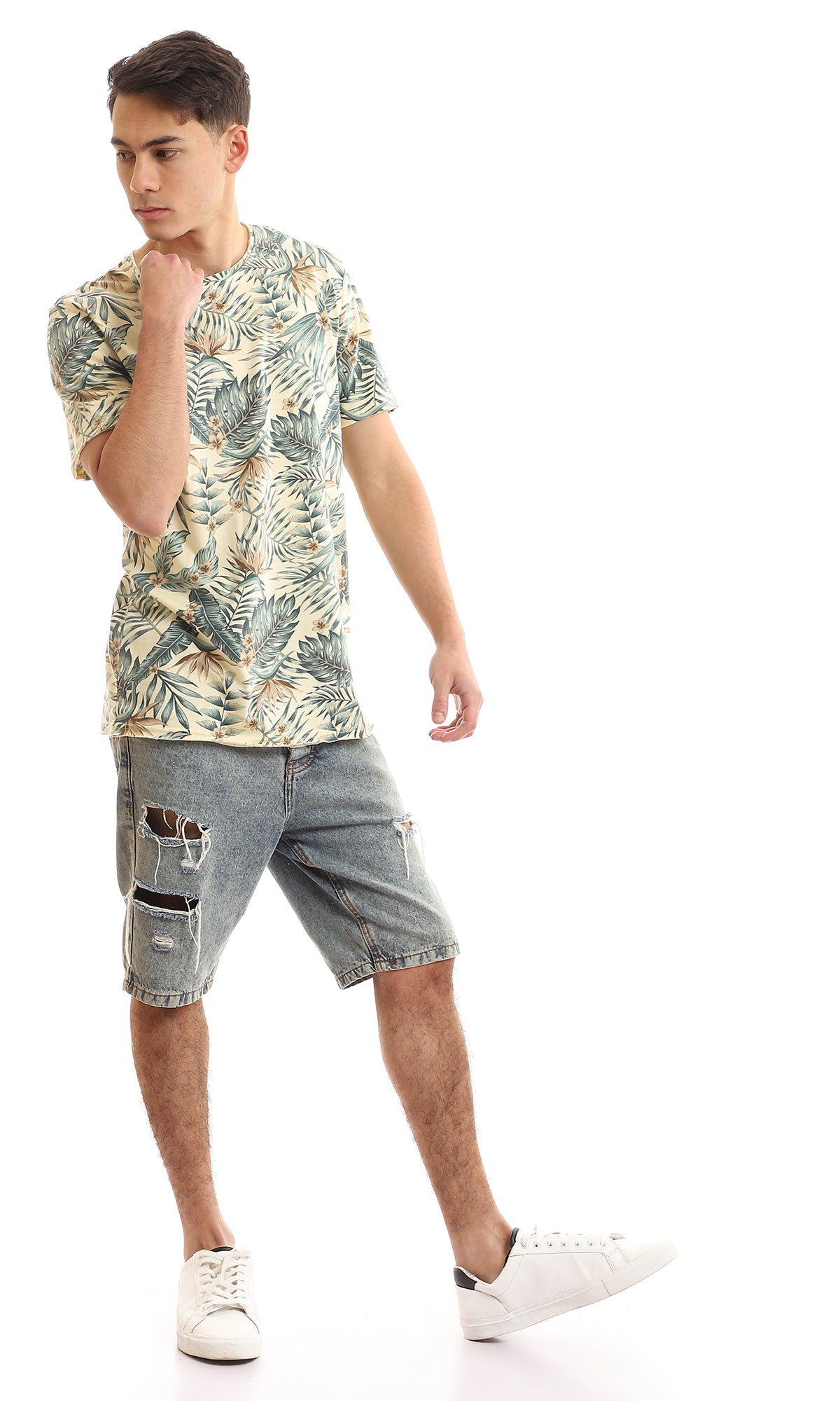 97175 Self Printed Short Sleeves T-Shirt - Beige & Olive