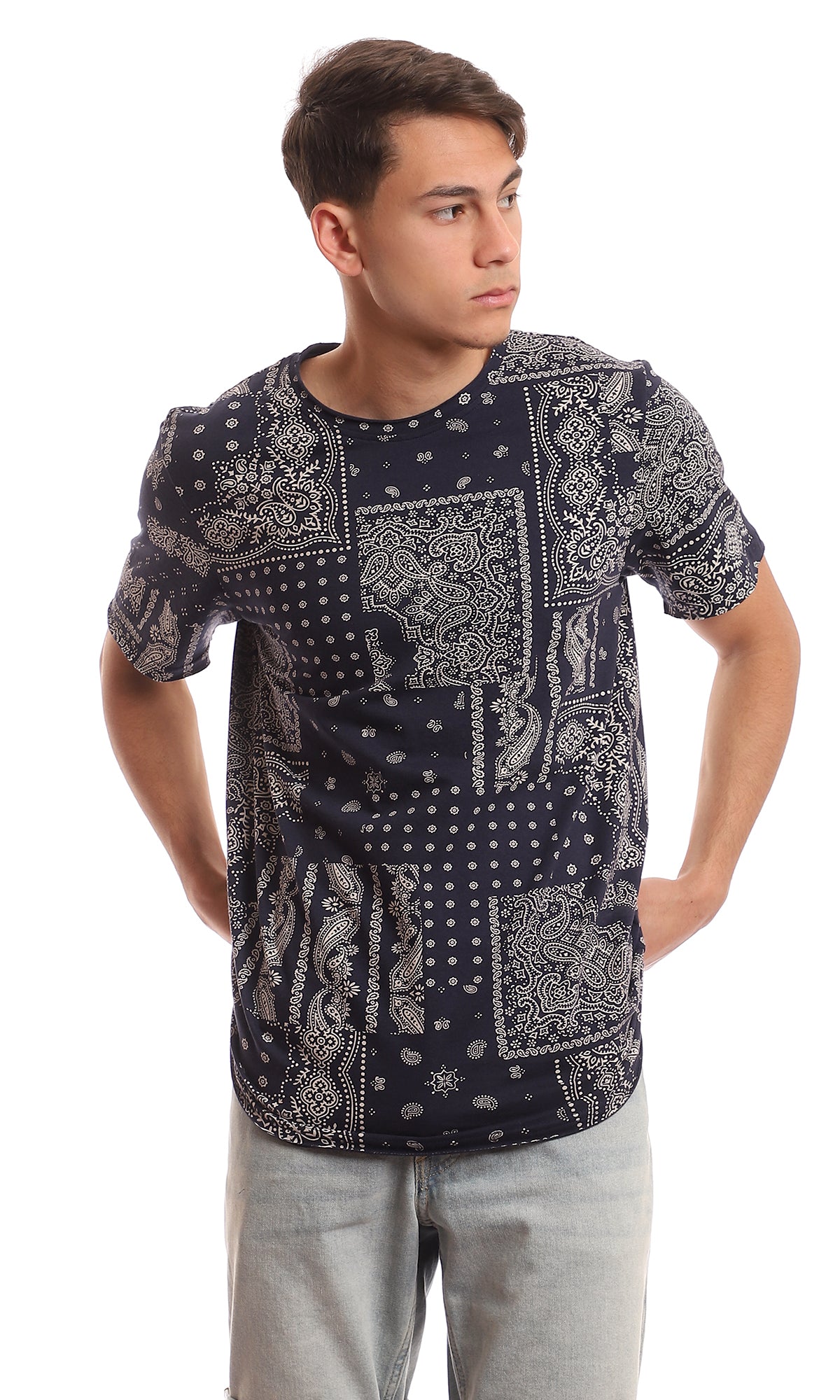 97178 Trendy Patterned Navy Blue Casual Tee