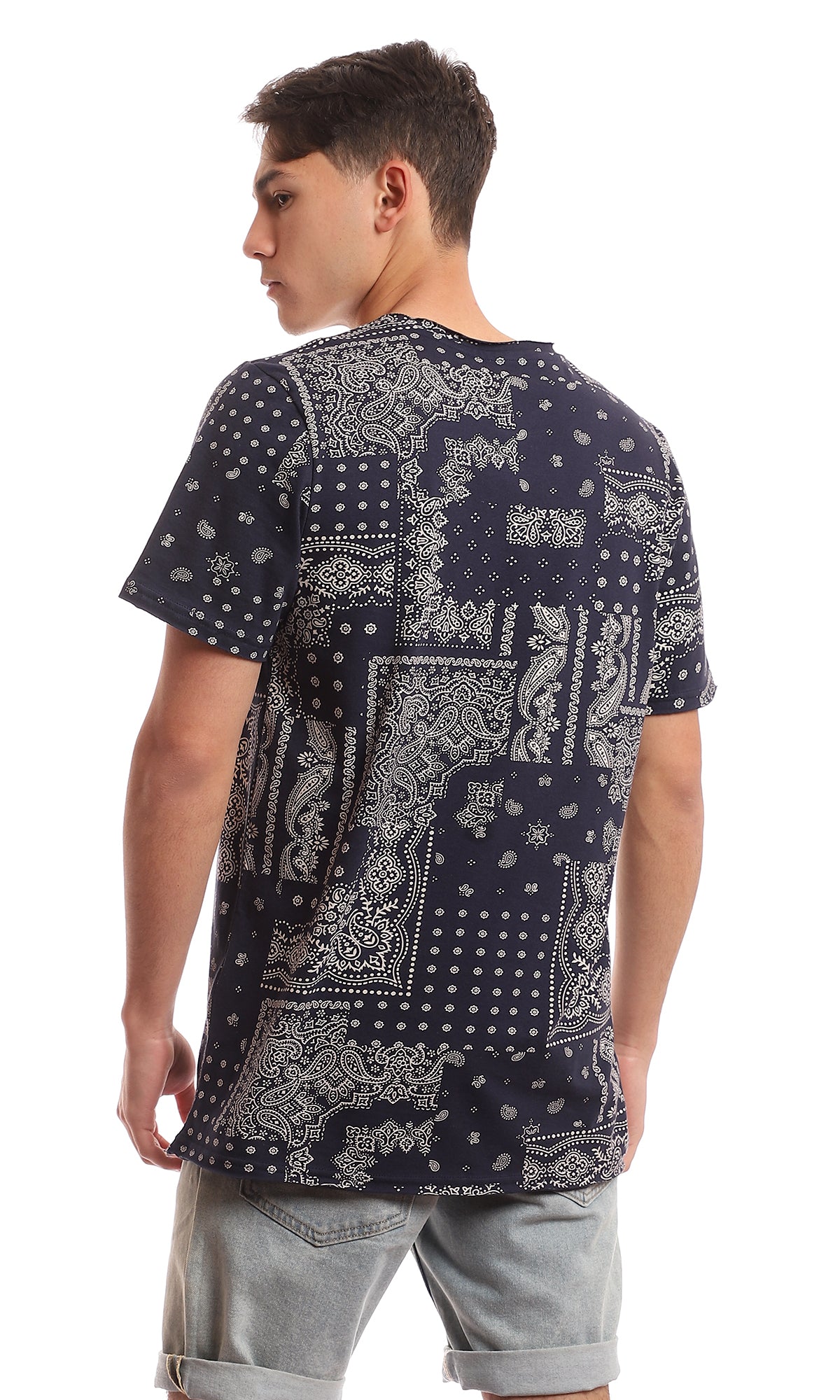 97178 Trendy Patterned Navy Blue Casual Tee