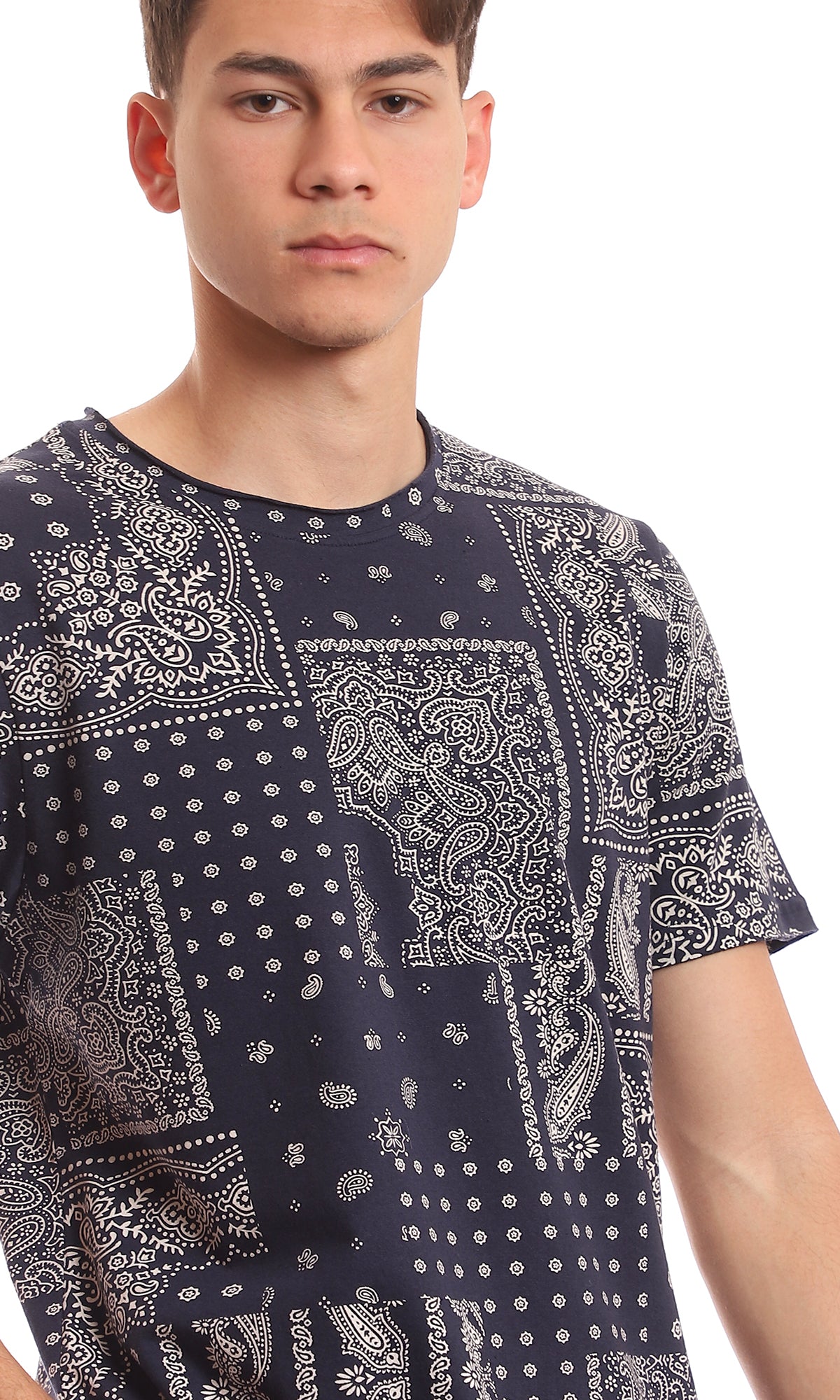 97178 Trendy Patterned Navy Blue Casual Tee