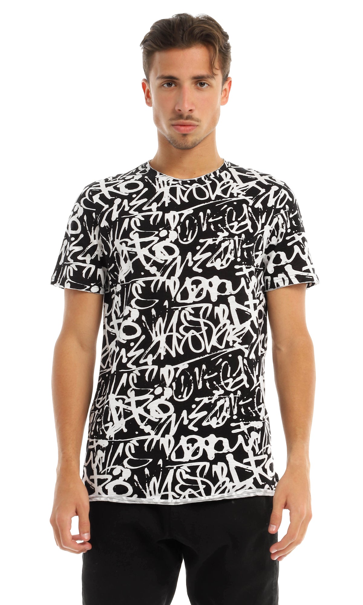 97180 All Over Patterned Round Black & White T-Shirt