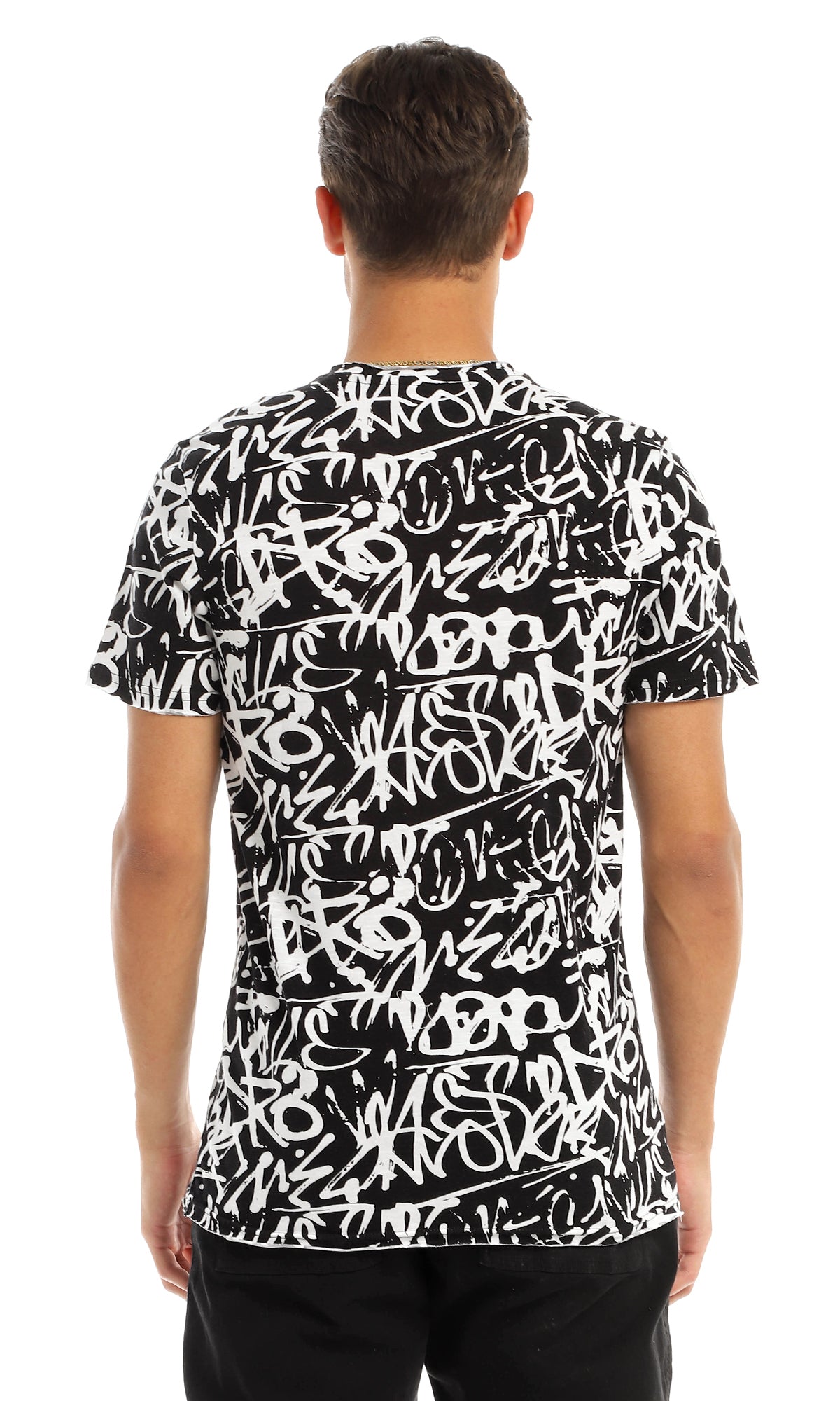 97180 All Over Patterned Round Black & White T-Shirt