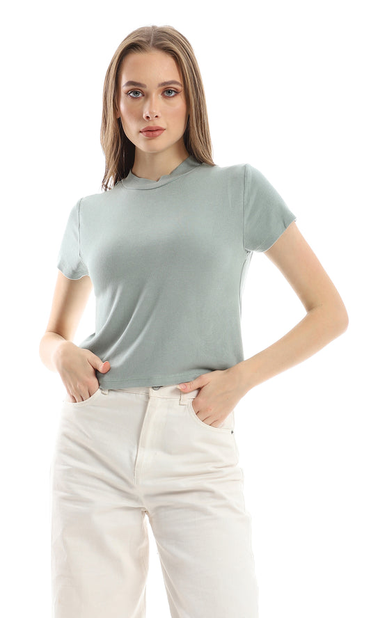 97185 Ring Neck Ribbed Mint Green Slip On Soft Short Sleeves Top