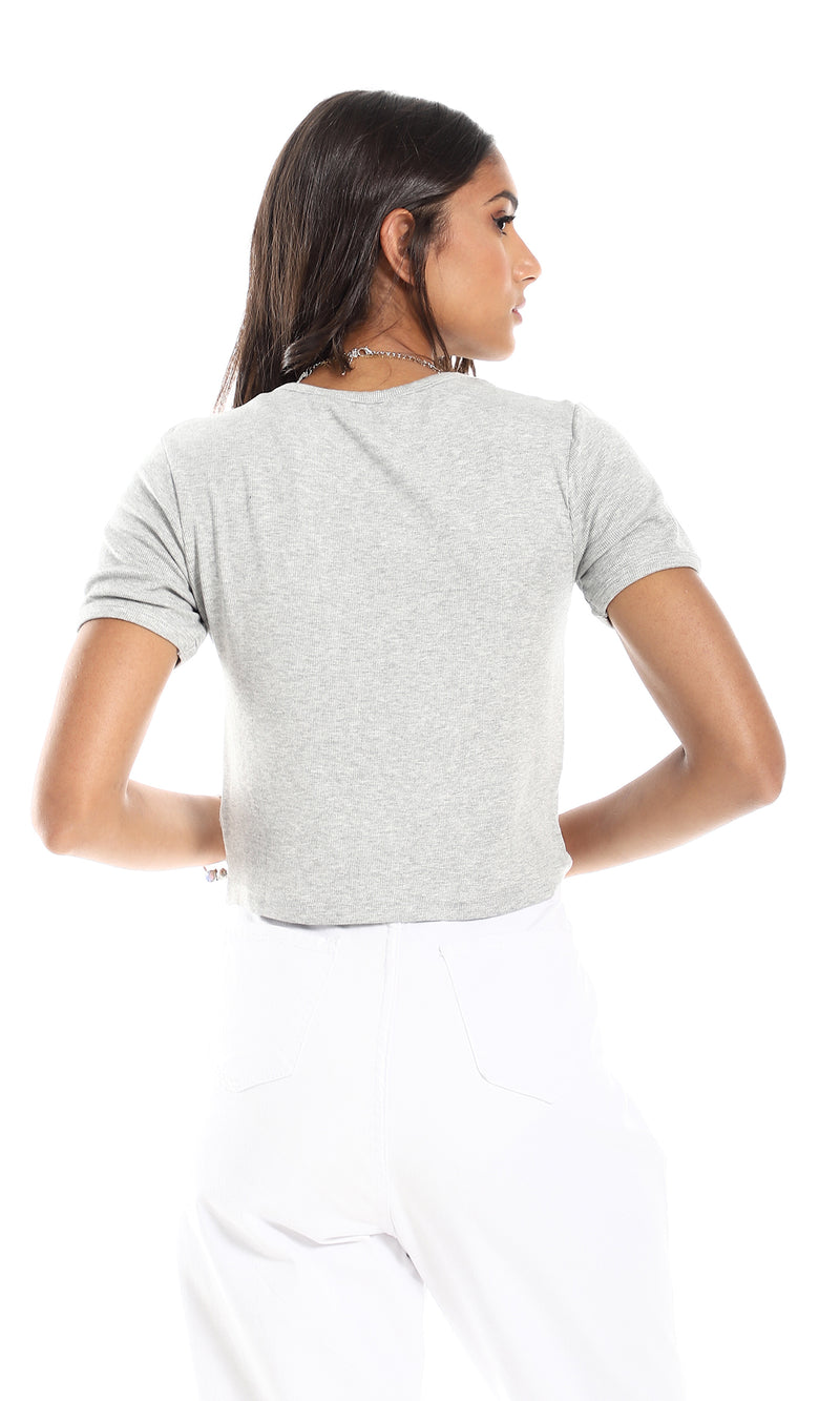 توب قصة قصيرة مضلع بياقة مستديرة ونمط هيذر سهل الإرتداء لون رمادي
