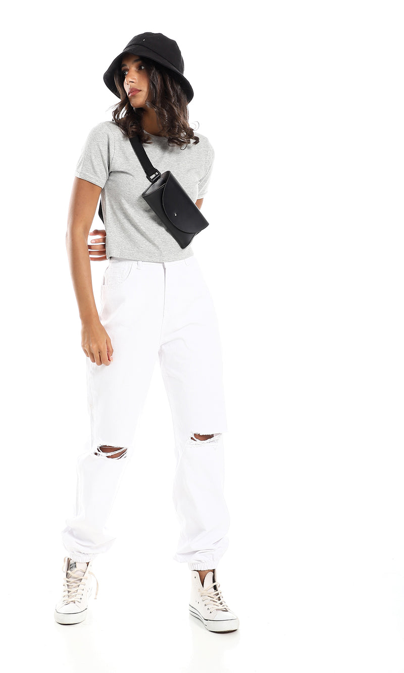 توب قصة قصيرة مضلع بياقة مستديرة ونمط هيذر سهل الإرتداء لون رمادي