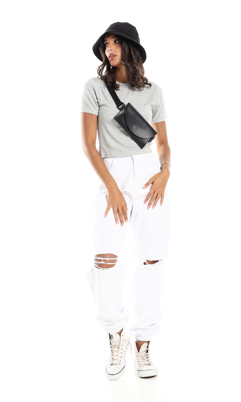 توب قصة قصيرة مضلع بياقة مستديرة ونمط هيذر سهل الإرتداء لون رمادي