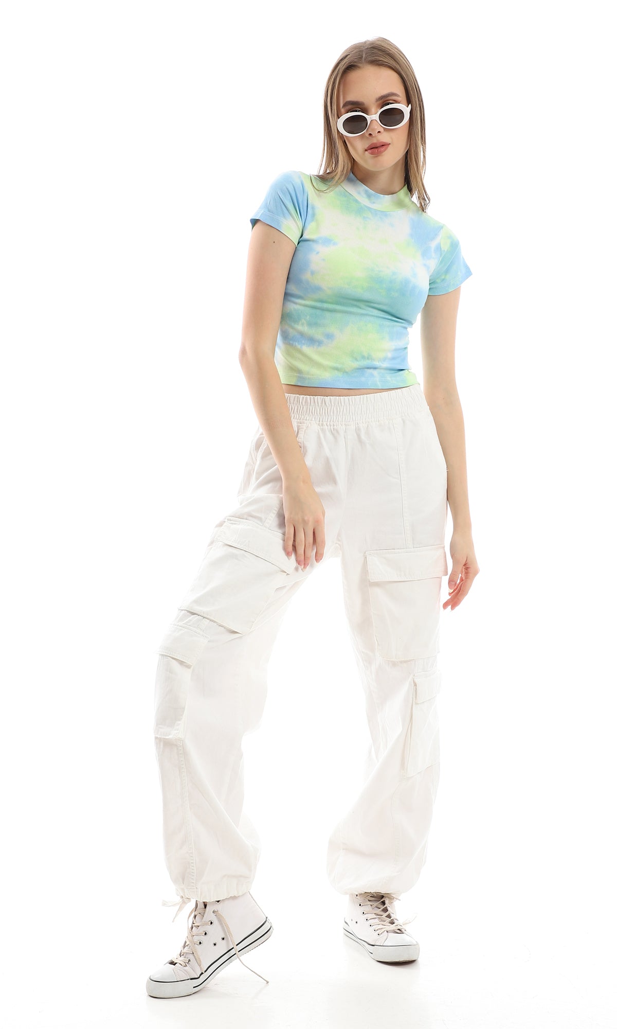 Mint & Blue Tie Dye Slim Cropped T-Shirt - 97190