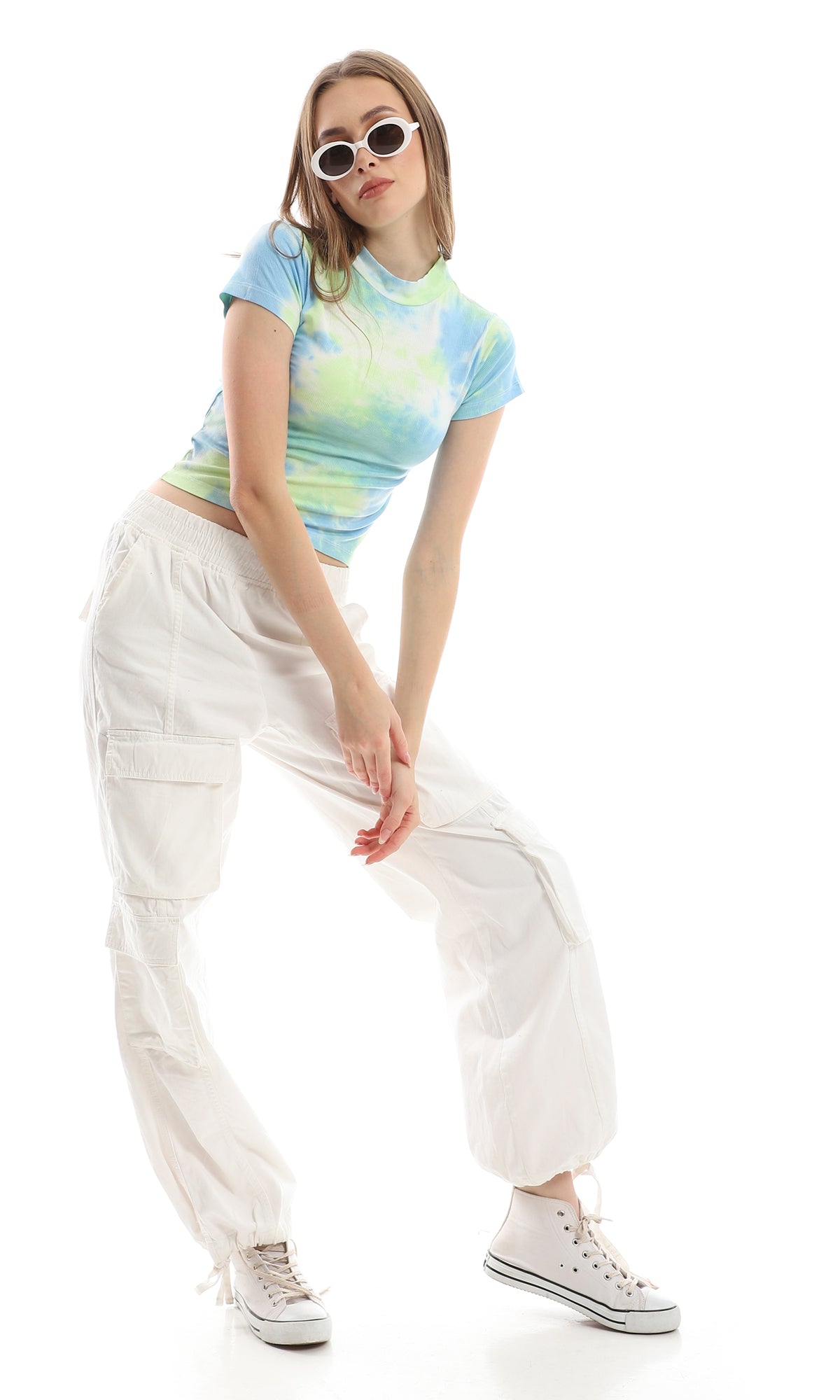Mint & Blue Tie Dye Slim Cropped T-Shirt - 97190