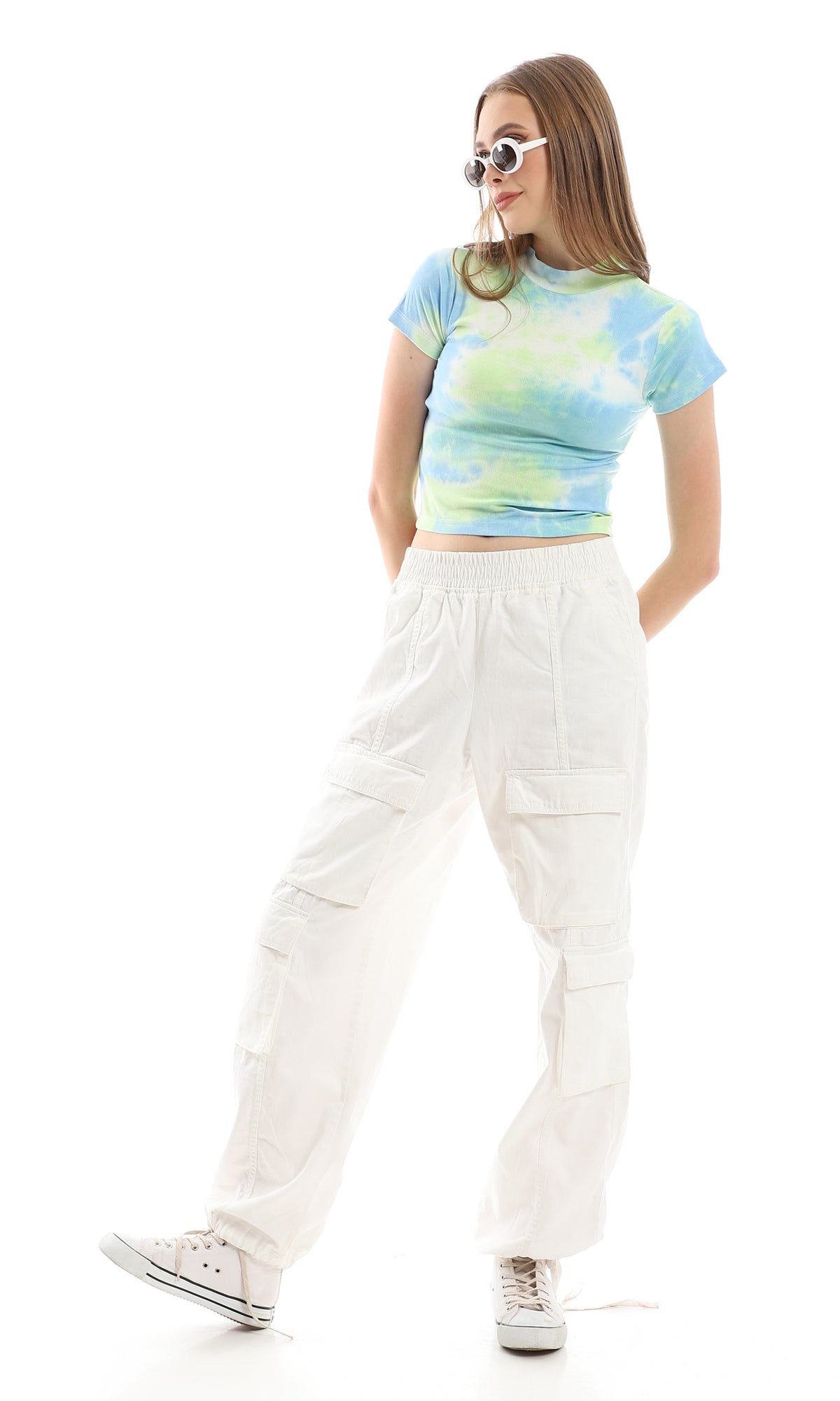 Mint & Blue Tie Dye Slim Cropped T-Shirt - 97190