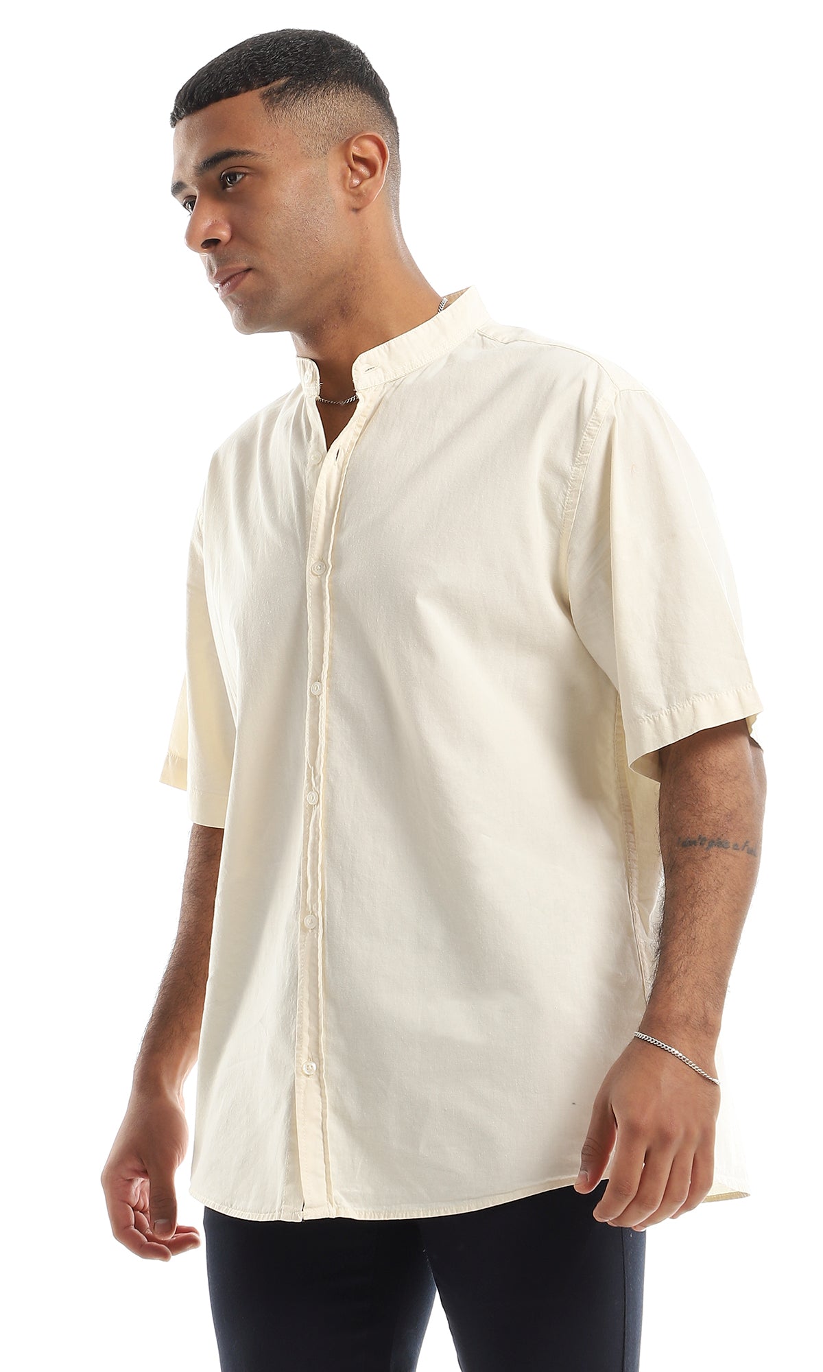 97198 Solid Cream Henley Shirt With Short Sleeves