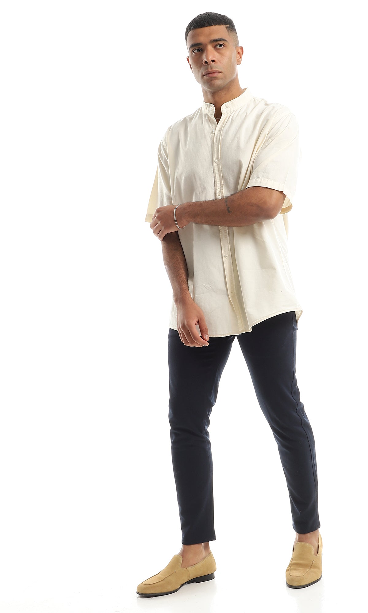 97198 Solid Cream Henley Shirt With Short Sleeves