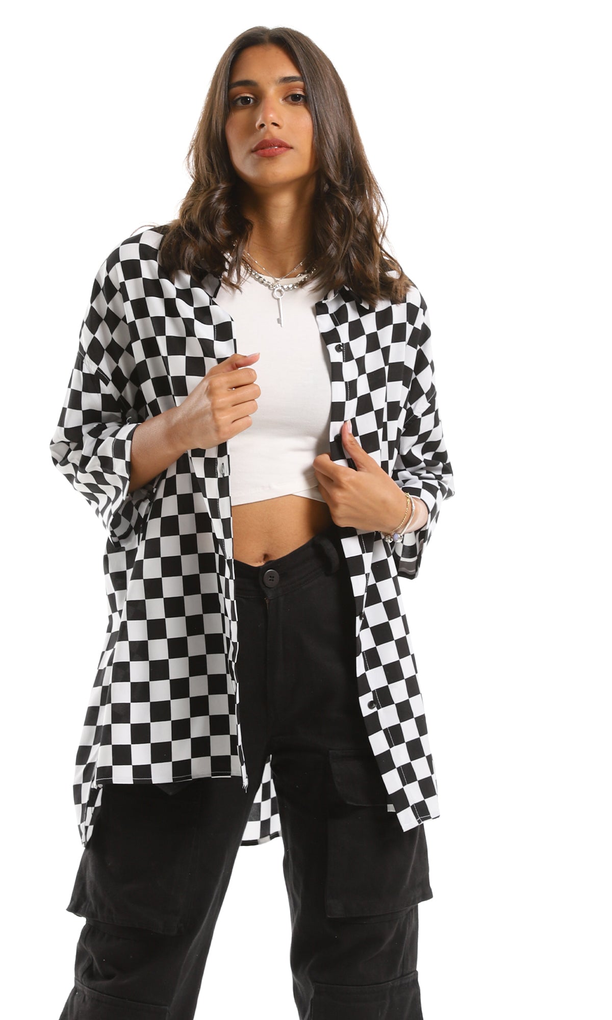 97211 Black & White Plaid High-Low Shirt