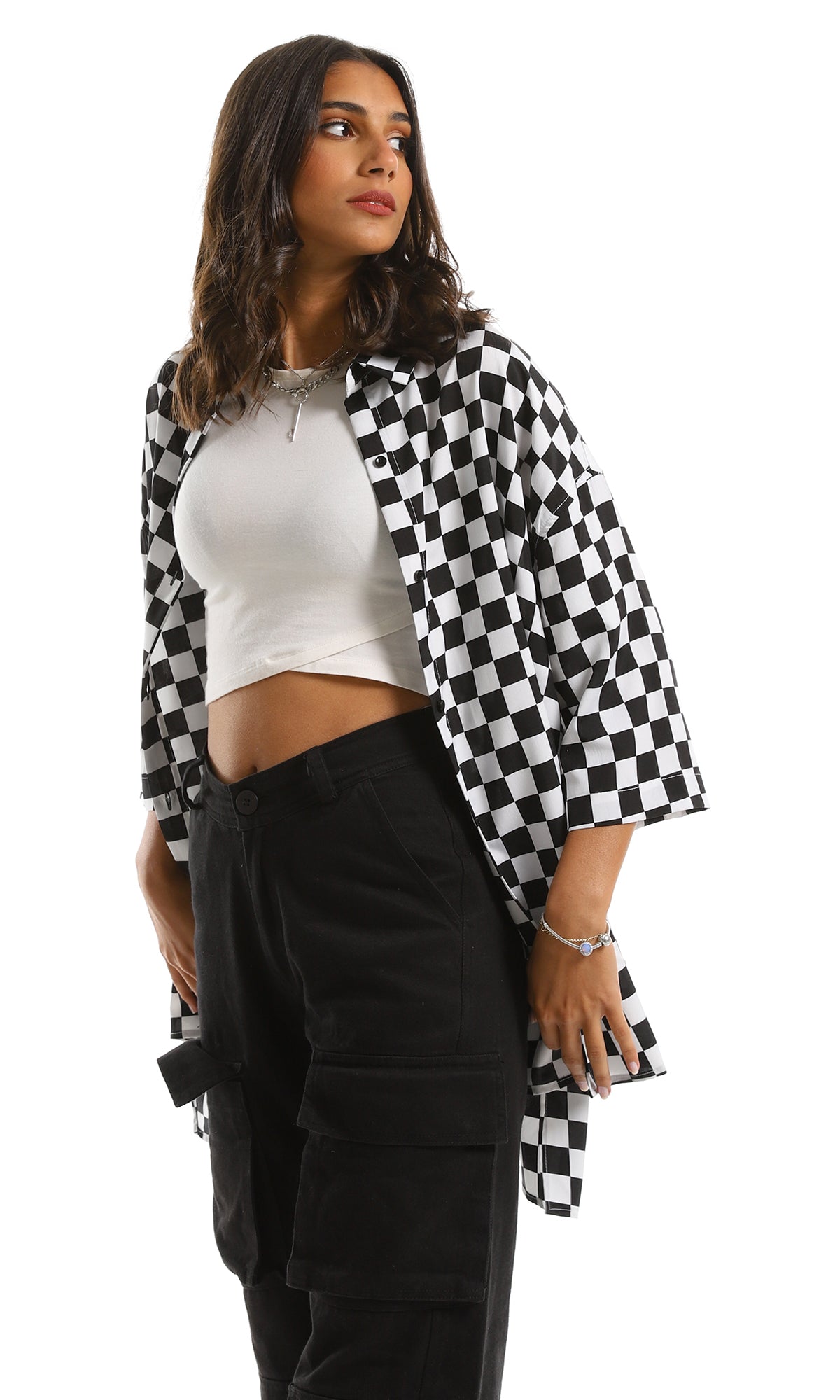 97211 Black & White Plaid High-Low Shirt