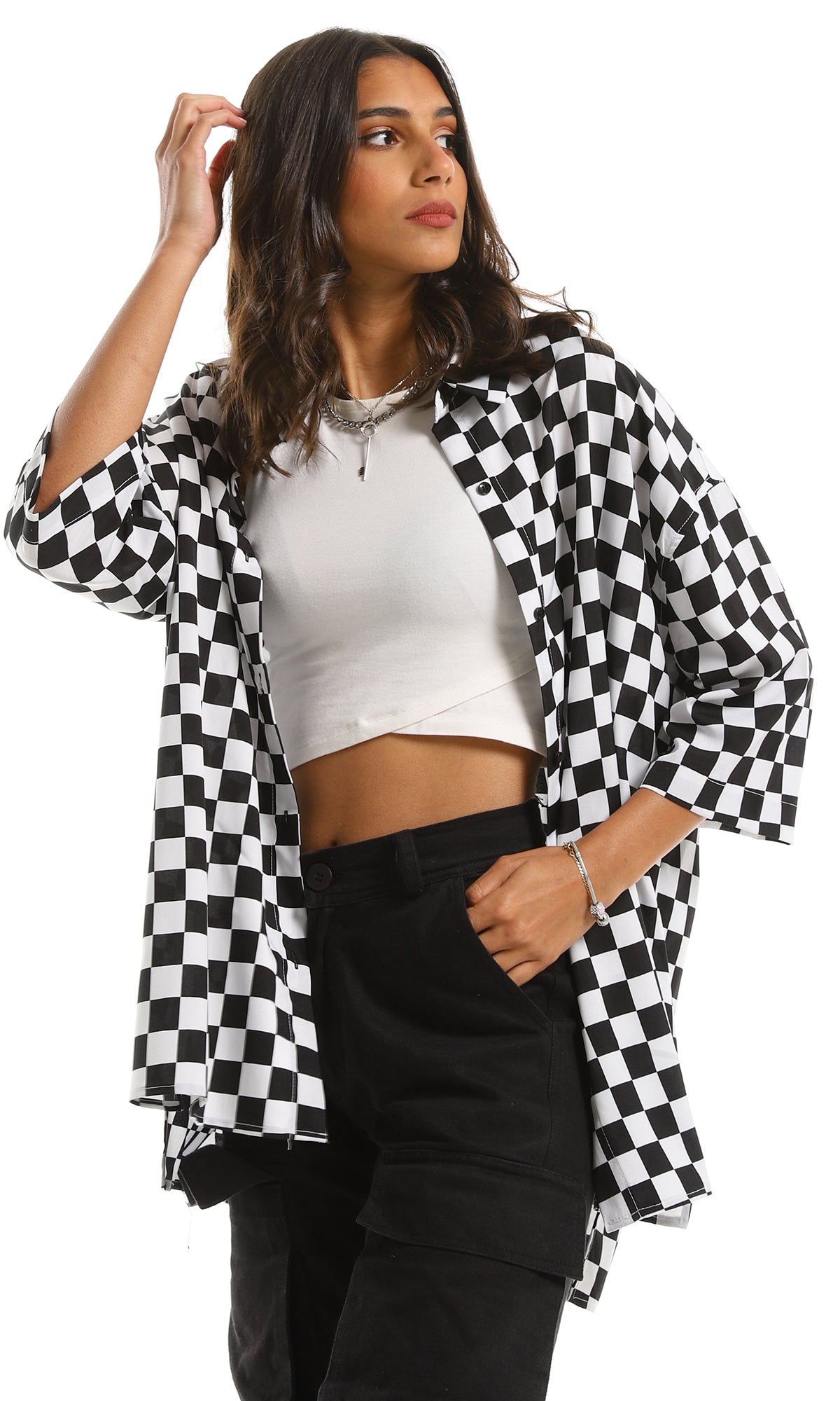 97211 Black & White Plaid High-Low Shirt