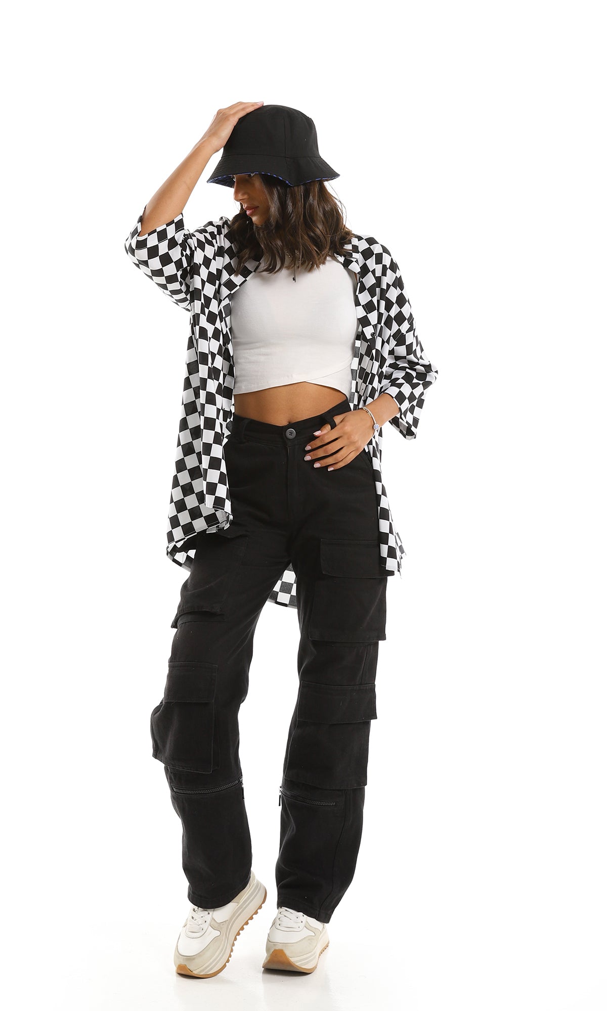 97211 Black & White Plaid High-Low Shirt