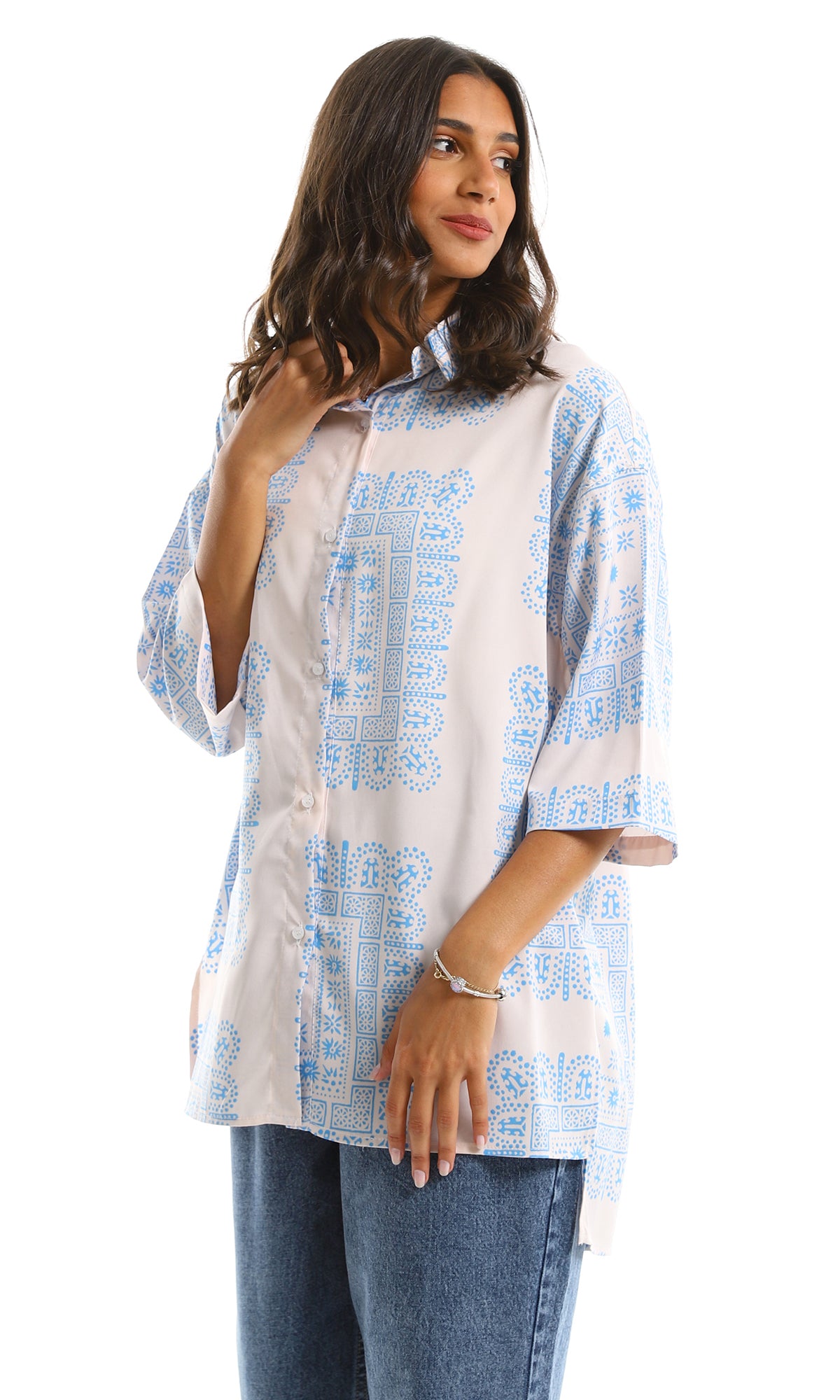 97212 3/4 Wide Sleeves Patterned White & Light Blue Shirt