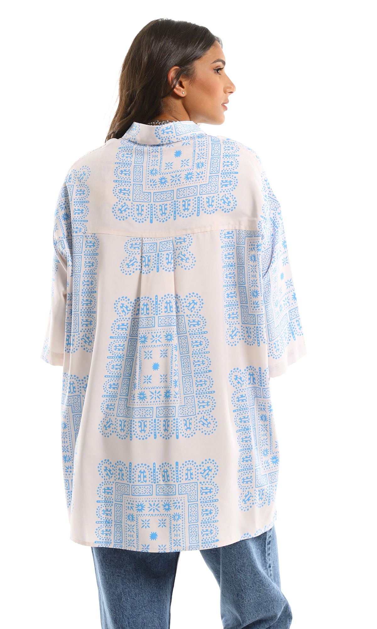 97212 3/4 Wide Sleeves Patterned White & Light Blue Shirt