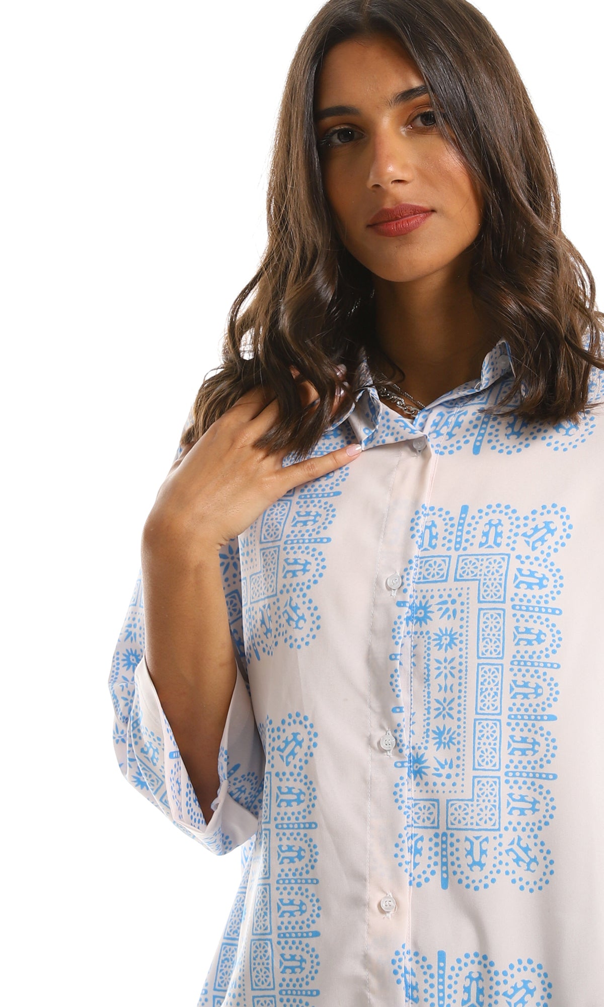 97212 3/4 Wide Sleeves Patterned White & Light Blue Shirt