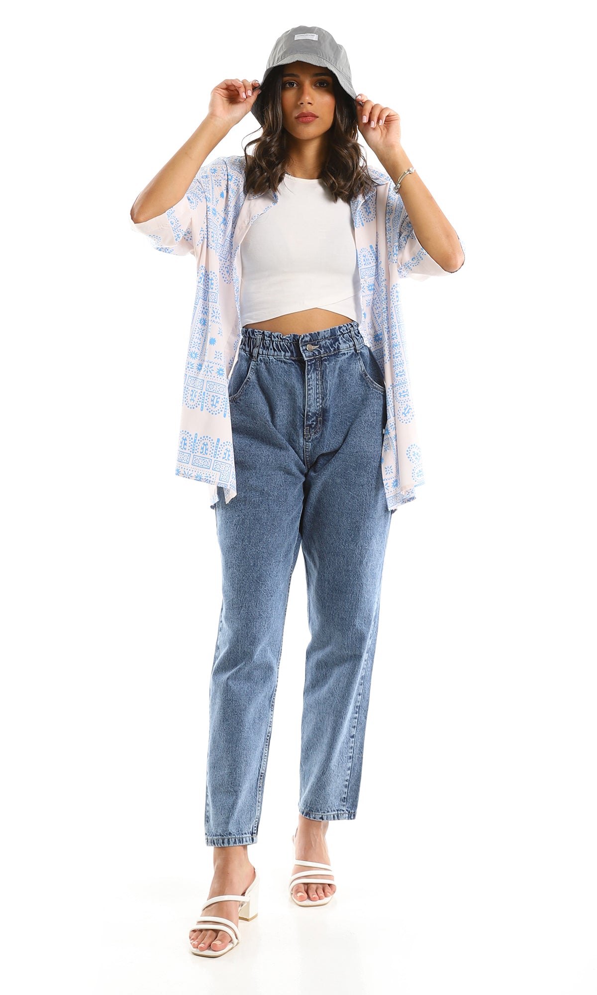 97212 3/4 Wide Sleeves Patterned White & Light Blue Shirt