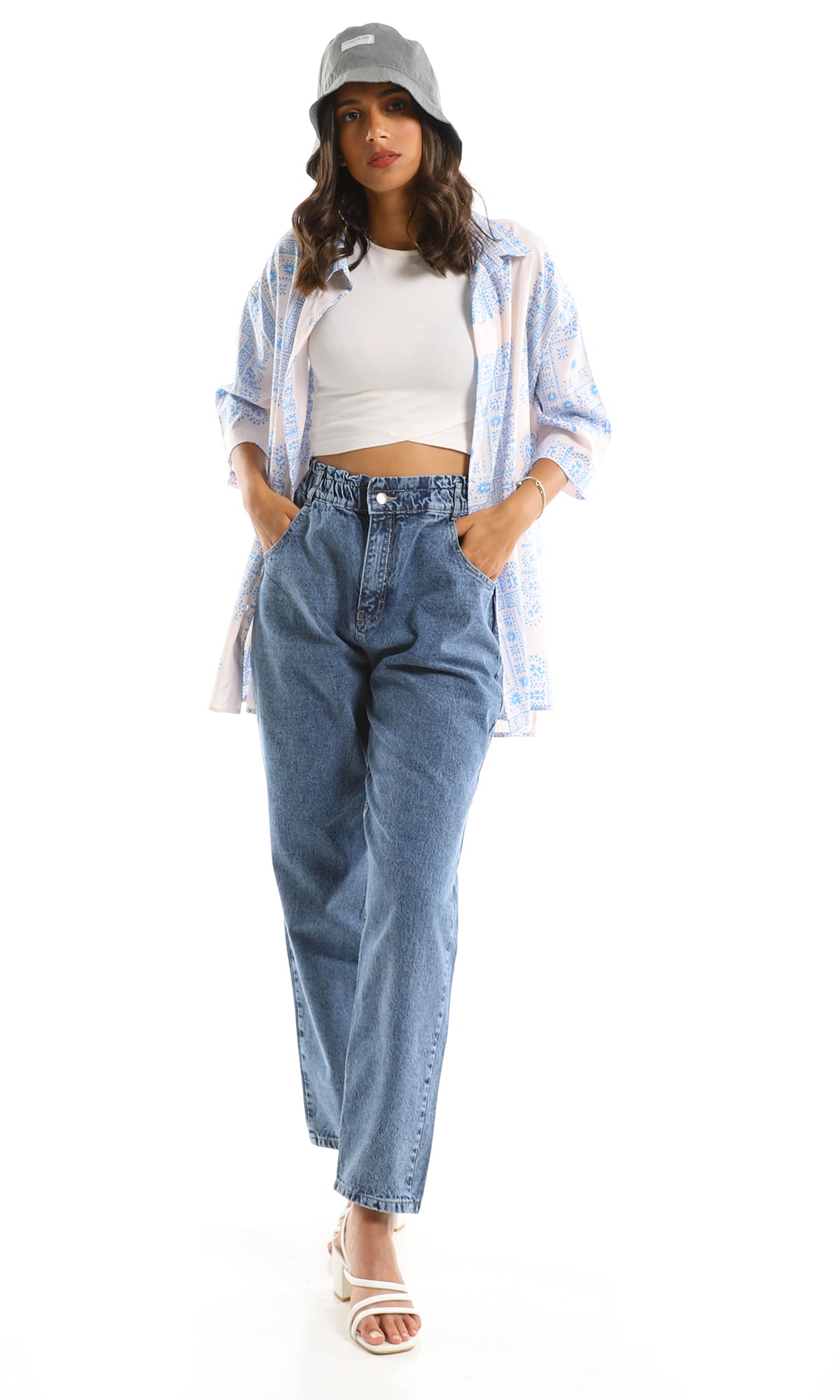 97212 3/4 Wide Sleeves Patterned White & Light Blue Shirt