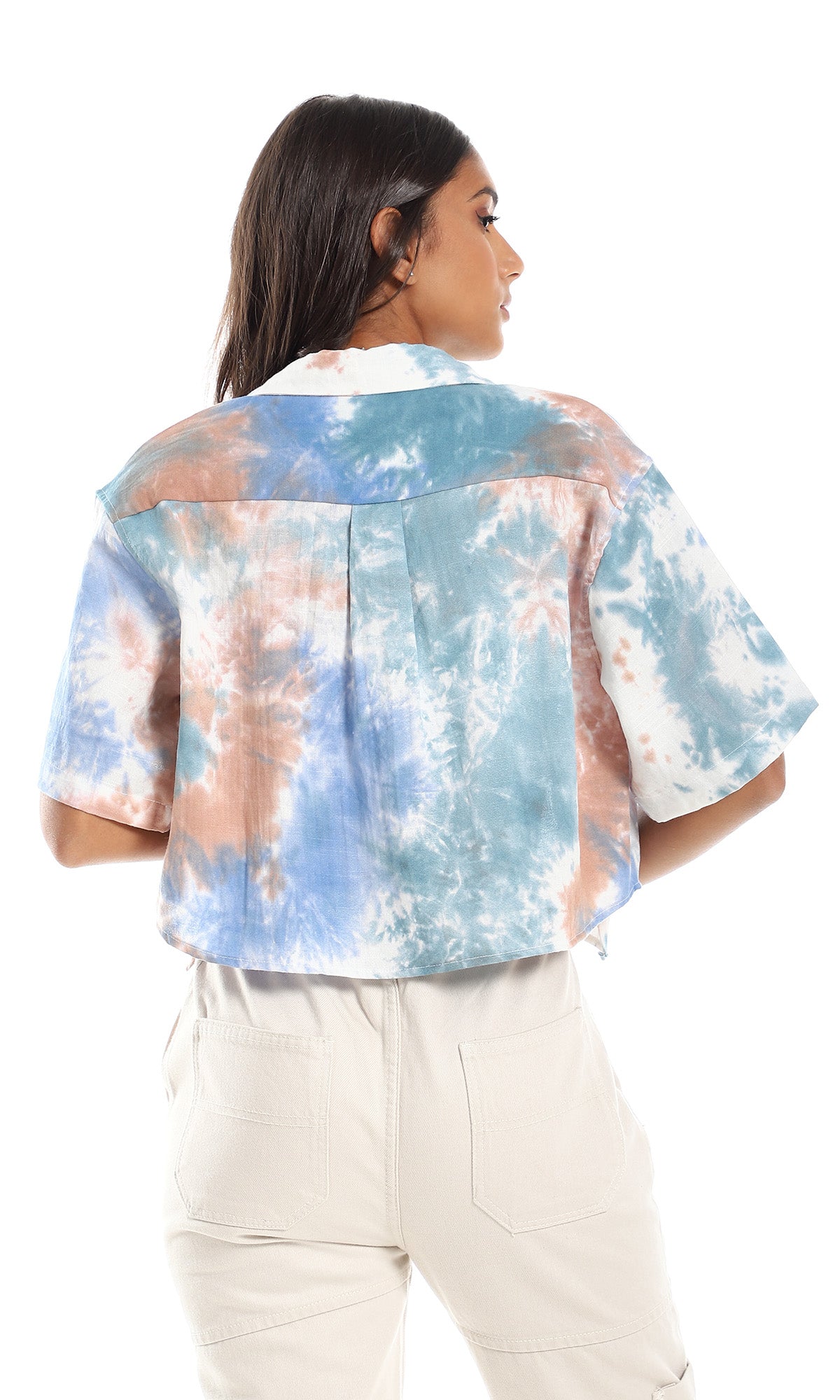 97224 Tie Dye Copped Shirt - White, Beige, Blue & Teal