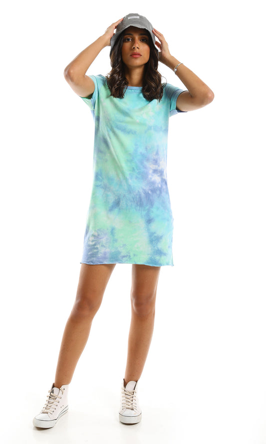 97230 Tie Dye Short Sleeve Comfy Dress - Mint & Blue Shades