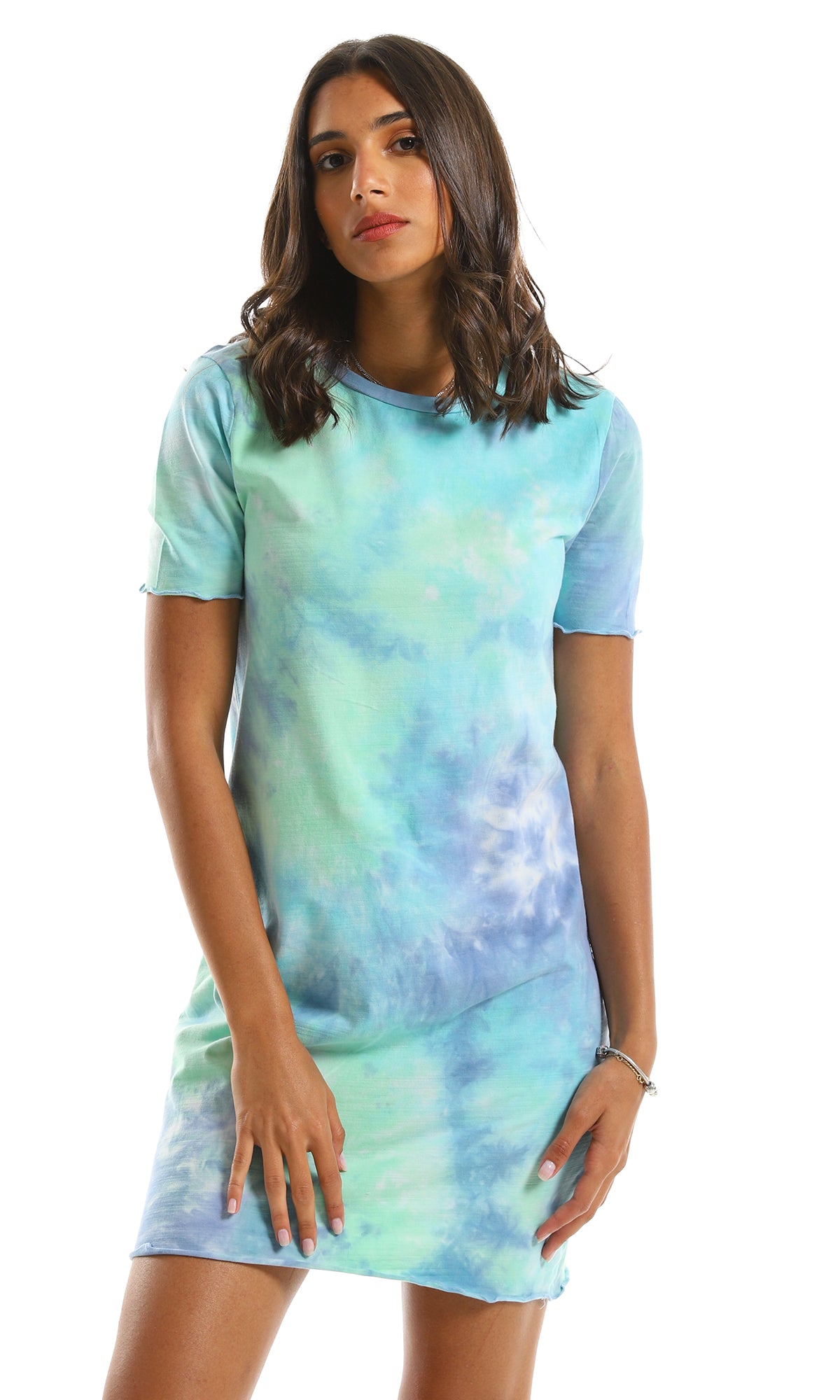 97230 Tie Dye Short Sleeve Comfy Dress - Mint & Blue Shades