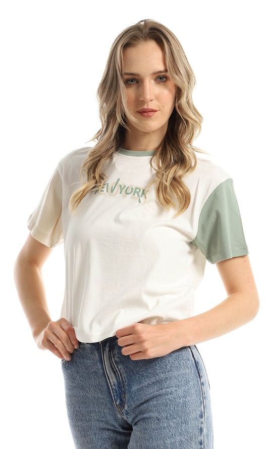 97239 "Love New York " Printed Bi-Tone Off White & Mint Tee