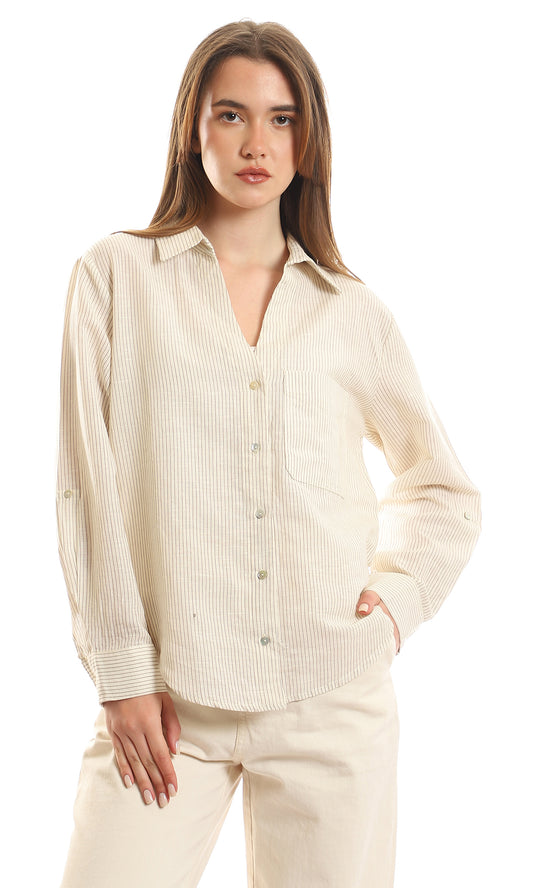 97242 Thin Striped Buttoned Shirt With Chest Pocket - Off White & Brown