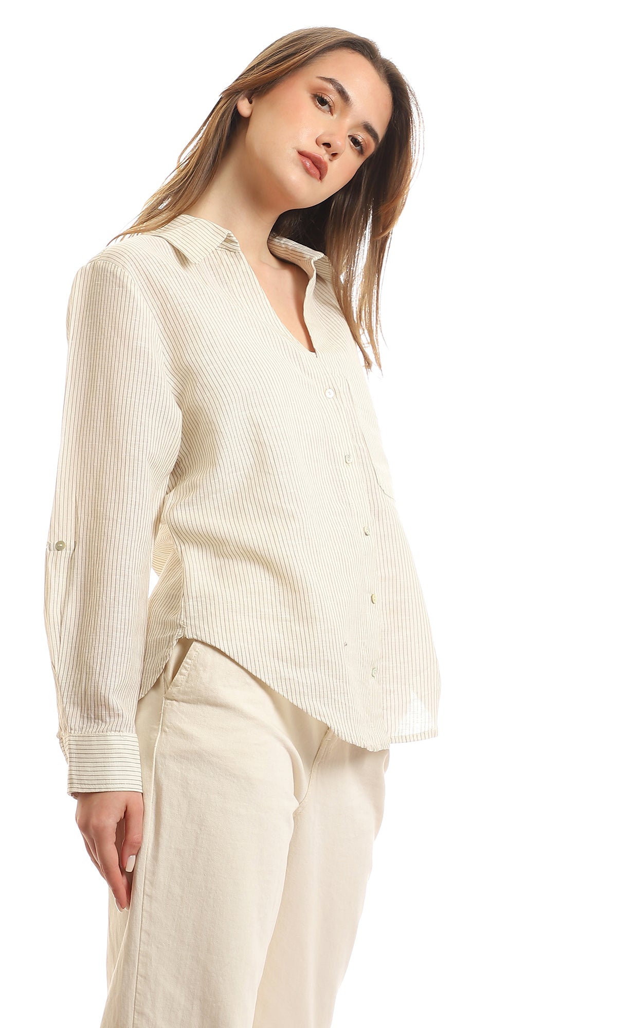 97242 Thin Striped Buttoned Shirt With Chest Pocket - Off White & Brown