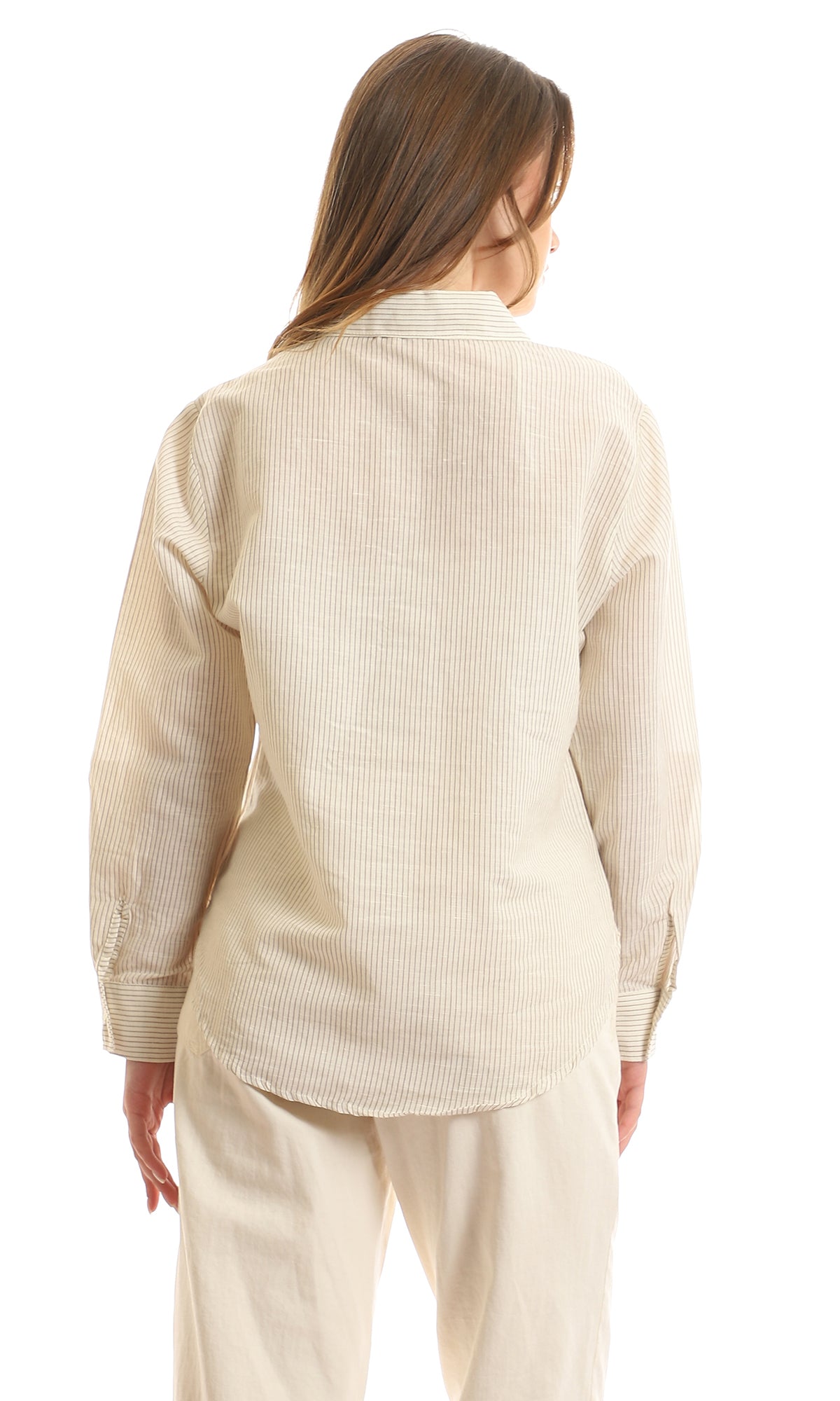 97242 Thin Striped Buttoned Shirt With Chest Pocket - Off White & Brown