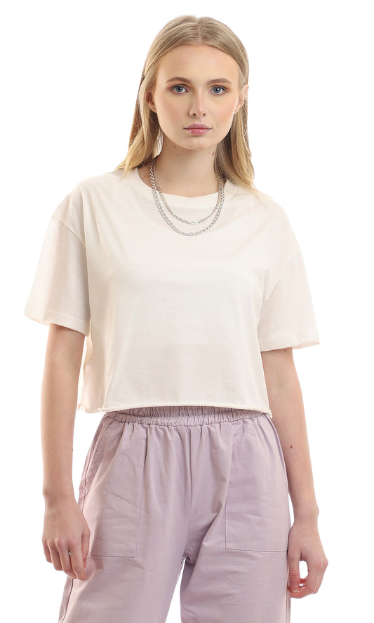 97248 Loose Plain Short Sleeves Off White Crop Tee