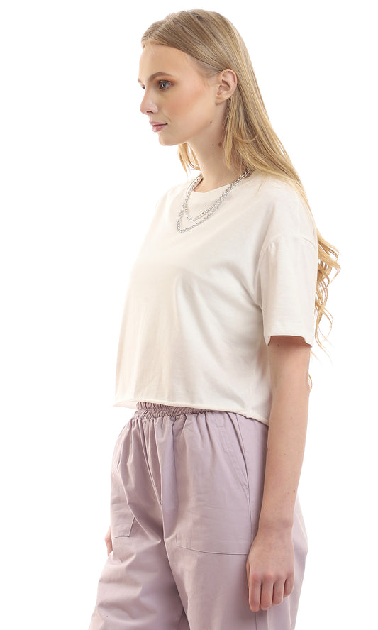 97248 Loose Plain Short Sleeves Off White Crop Tee