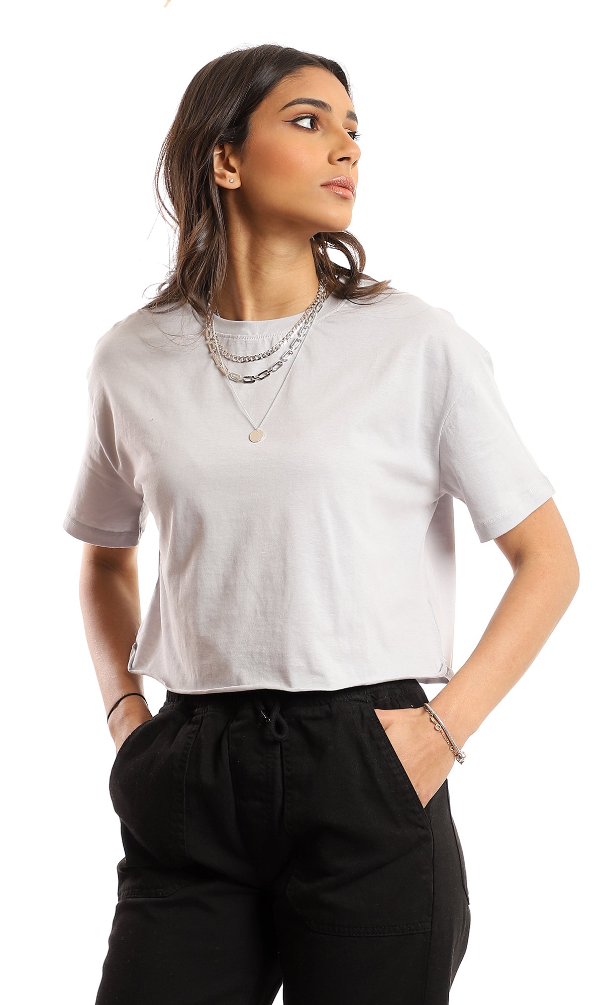 Light Grey Cropped Crew-Neck Jersey Tee - 97251