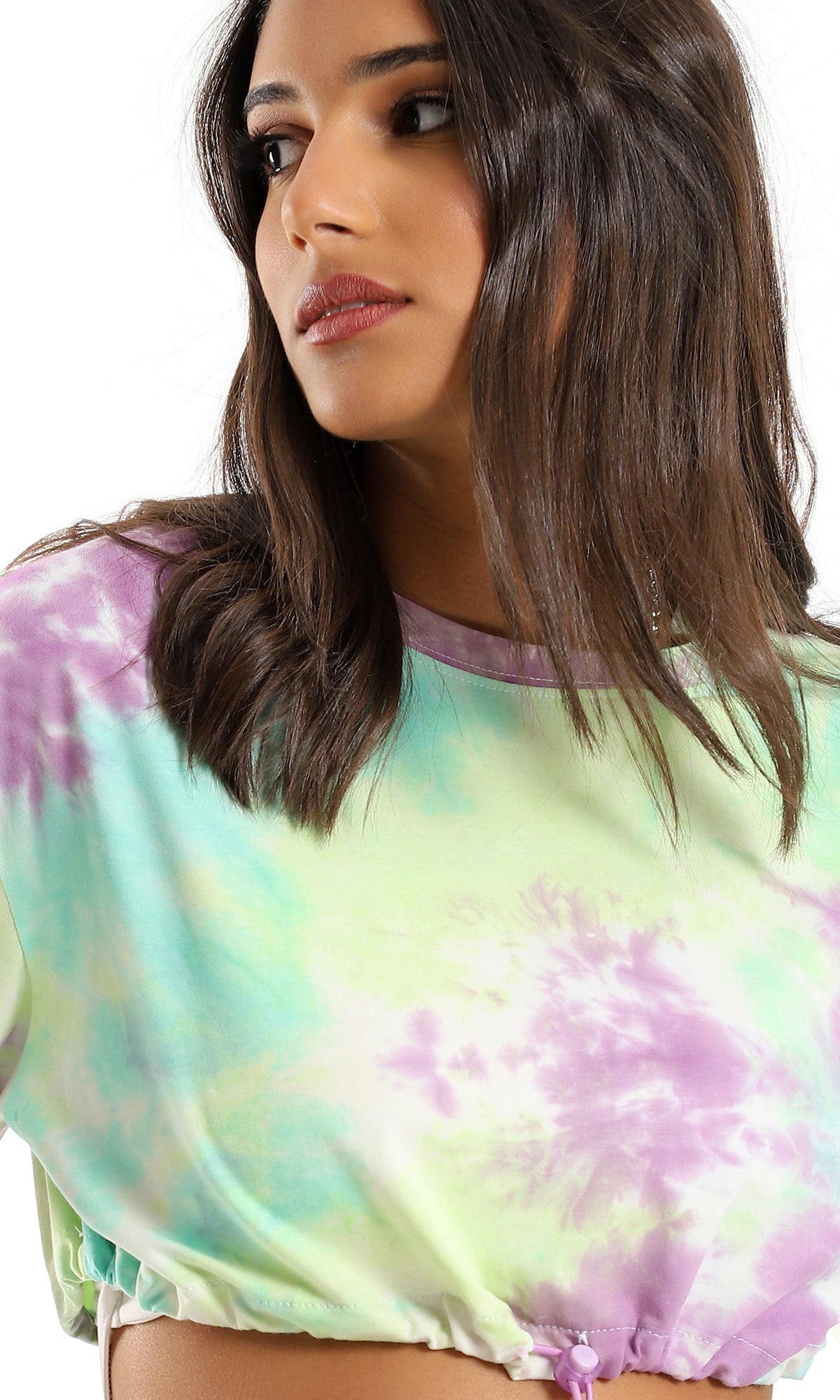 97252 Tie Dye Cotton T-Shirt With Drawstring Trim - Purple & Lime Green